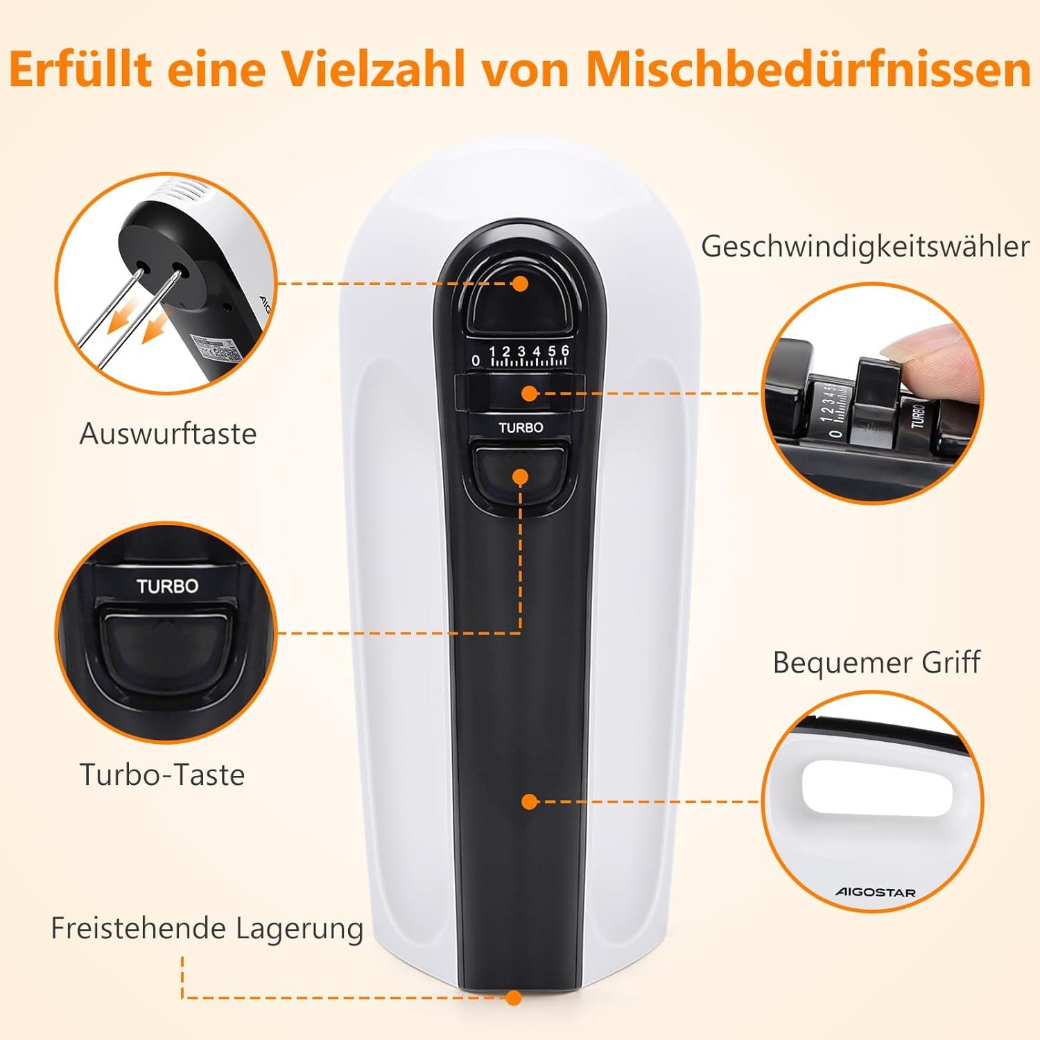 Aigostar Handmixer Handrührer mit Aufbewahrungskoffer, 6-Gang-Turbolader, 304 Edelstahl, 400,00 W, Einstellbare Drehzahl, Schnelle Wärmeableitung, Überhitzungss – Bild 4 von 5