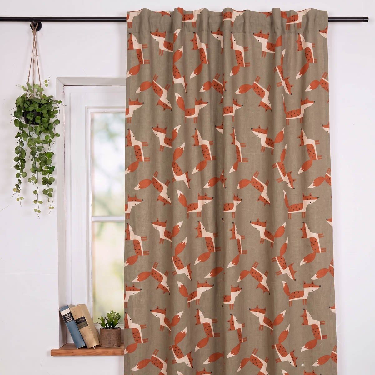 SCHÖNER LEBEN. Vorhang Vorhang Leinenlook Füchse grün braun 245x130cm, Smokband, blickdicht, Baumwolle, aus recyceltem Material