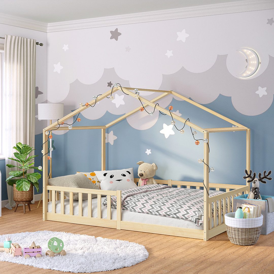 Bellabino Hausbett Bia (natur lackiert, 120x200 cm, Bodenbett mit Rolllatte günstig online kaufen