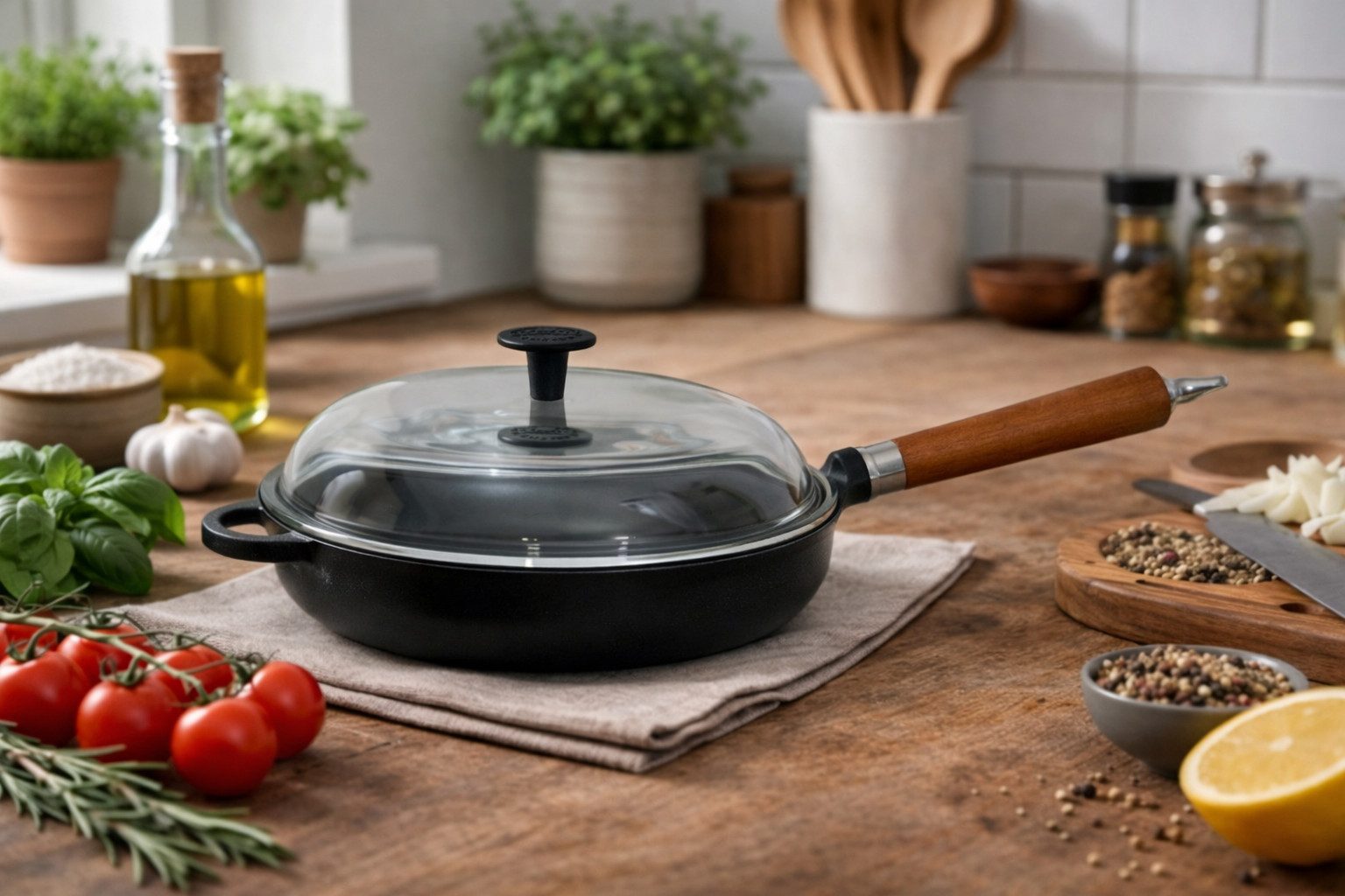 Ronneby Bruk Bratpfanne Maestro, hoch, Ø 28 cm, mit Glasdeckel, Holzgriff & Gegengriff, Gusseisen (1-tlg)