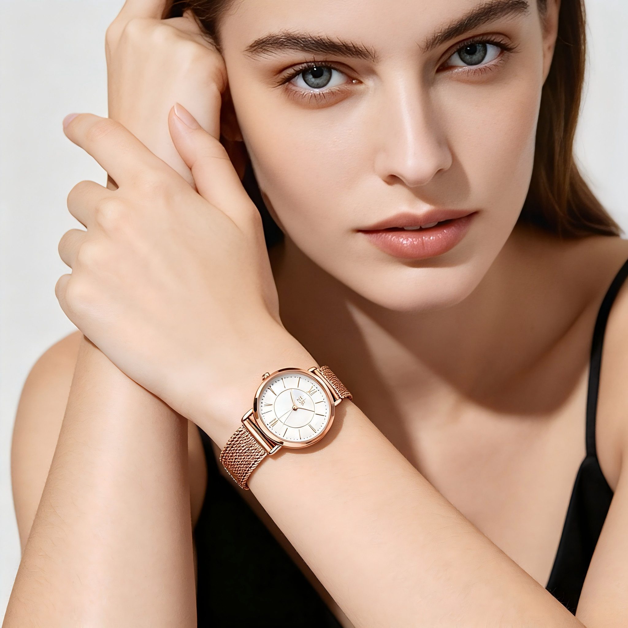 ibettertec Quarzuhr Roségold Damenarmbanduhr mit Mesh-Armband – Elegante Runde, (Packung, Quarzuhr mit römischen Ziffern), Minimalistisch, Geschenk für Frauen, 3ATM Wasserdicht