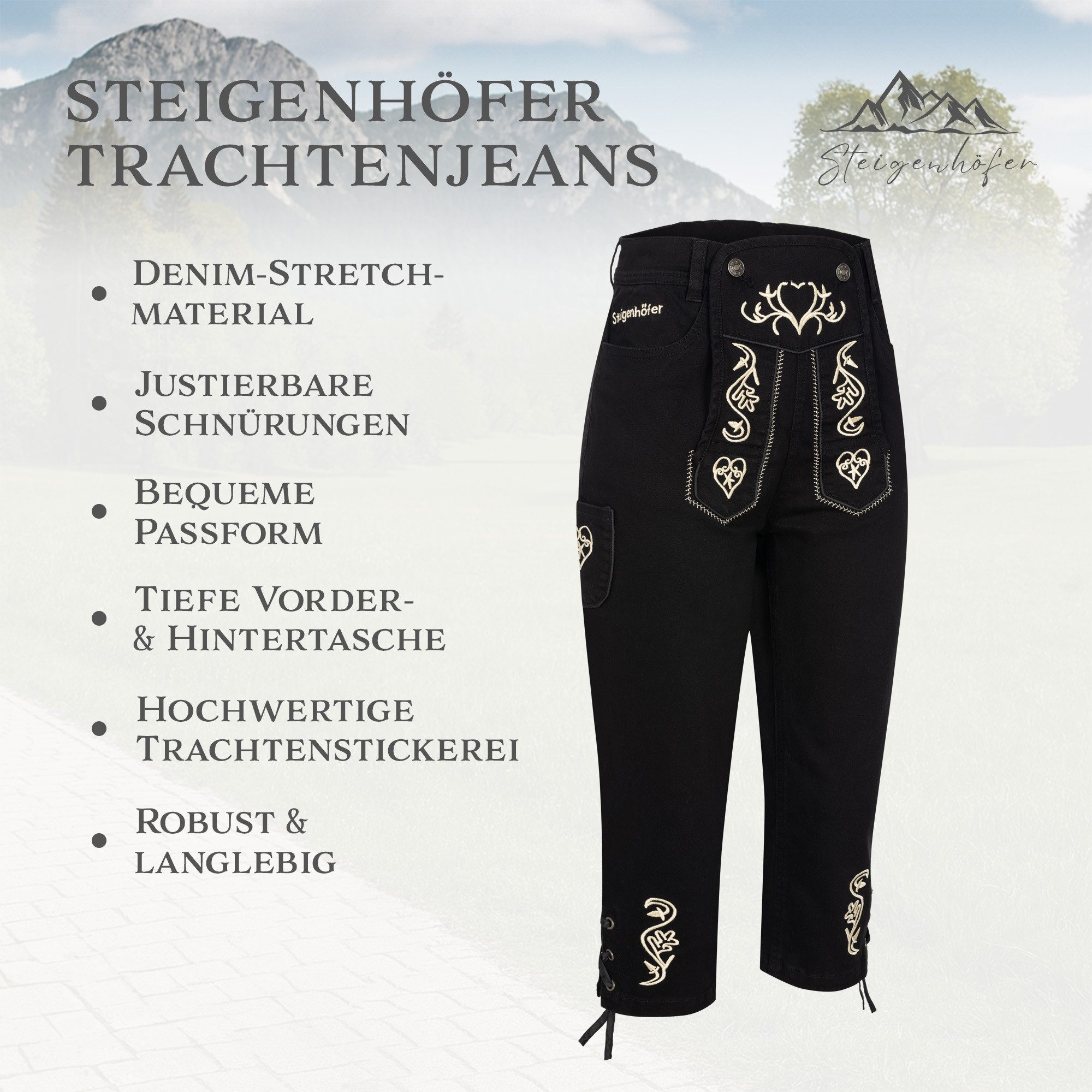 Trachtenjeans im Lederhosen Look - Damen Shorts - Stretch für Komfort - Capri Jeans
