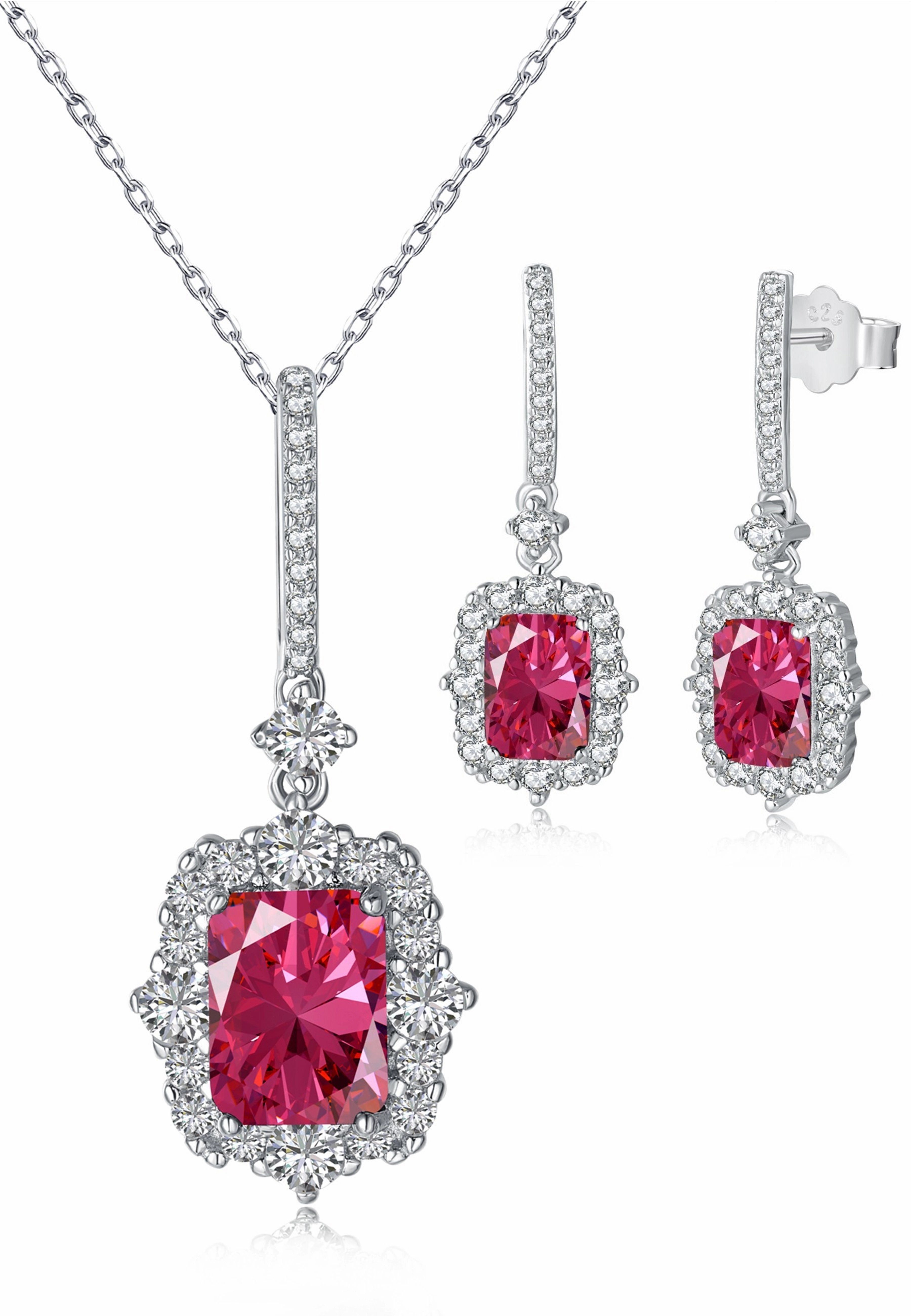 BRELLATO Ohrring und Ketten Set Vintage Glitzer Damen Kristall Halskette Anhänger Ohrstecker (Geschenk-Idee, Weihnachtsgeschenk Geschenkset Damen-Schmuck Kette mit Zirkon in Grün oder Rot, 3-tlg., inkl., Geschenk-Box, zum, Valentinstag, Weihnachten, Geburtstag, Muttertag), Kristall-Collier Sterling Silber 925 18K Weißgold Rhodiniert, Zirkonia Rubin-Rot Silber Weißgold | Schmuck-Sets