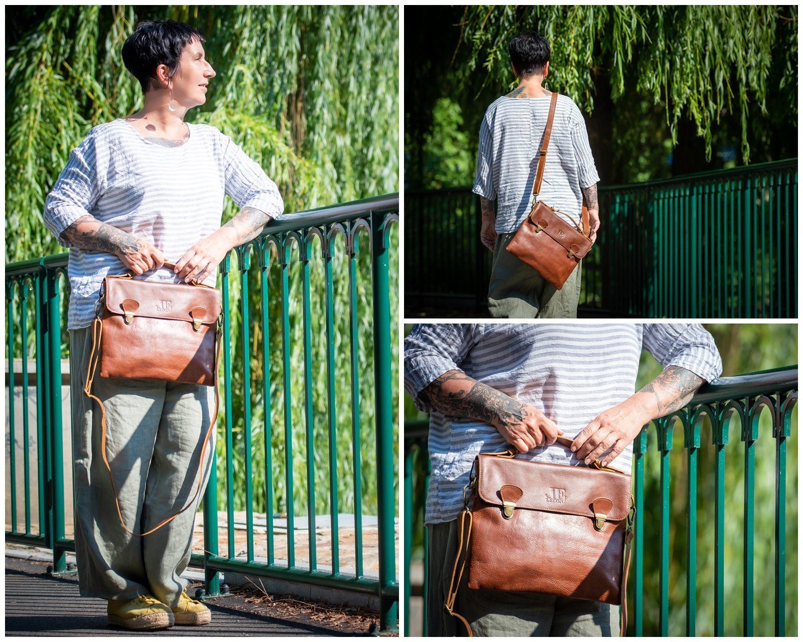 LECONI Schultertasche kleine Umhängetasche Crossbody Bag Damen Herren Echt Leder LE3079, Magnetverschluss & Retro-Schnallen – 32×26×5 cm