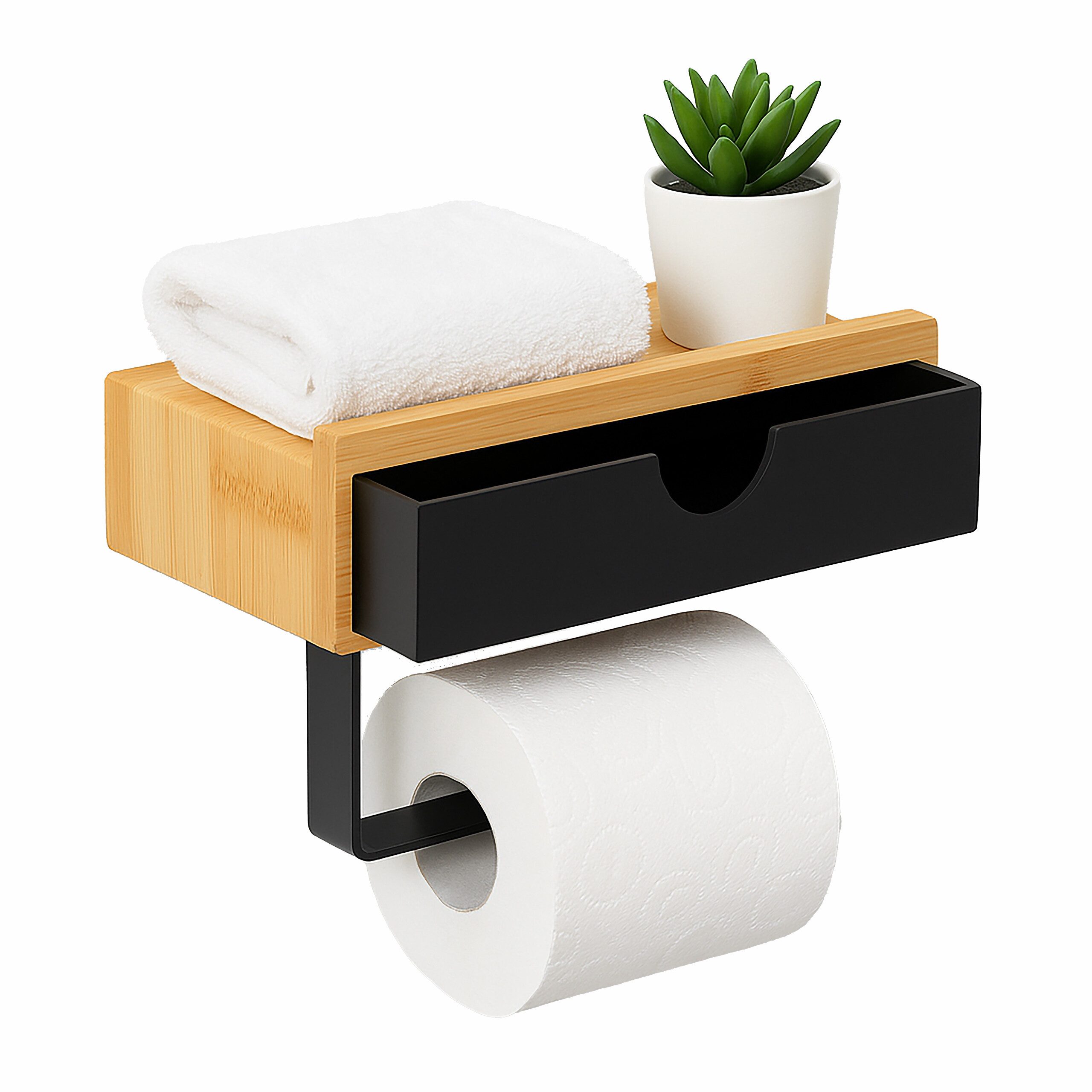 relaxdays Toilettenpapierhalter Bambus Toilettenpapierhalter mit Ablage (1-St), schwarz