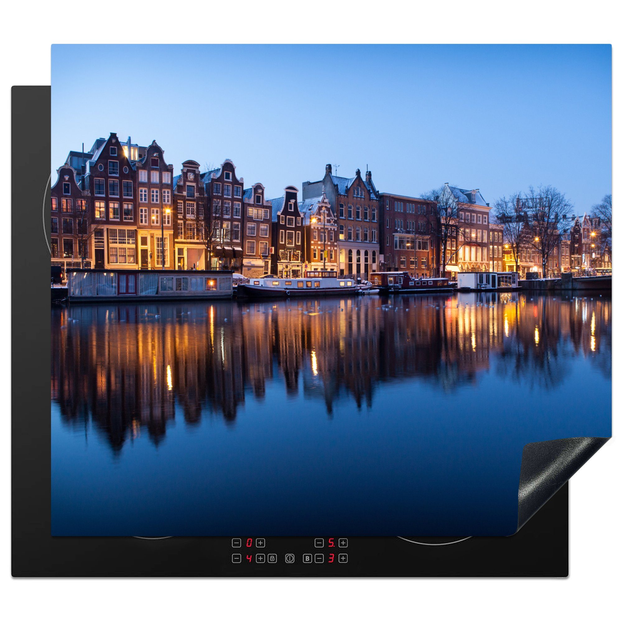 MuchoWow Herdblende-/Abdeckplatte Amsterdam - Sonnenuntergang - Spiegelung, Vinyl, (1 tlg), 60x52 cm, Mobile Arbeitsfläche nutzbar, Ceranfeldabdeckung