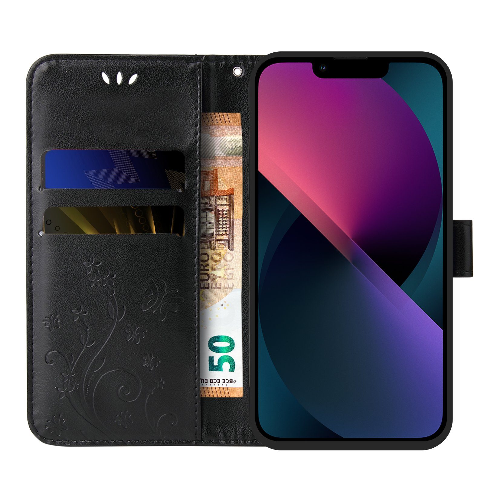 Tec-Expert Handyhülle Cover Tasche Hülle für Apple iPhone 14 6,1 Zoll, Klapphülle Case mit Kartenfach Fliphülle aufstellbar, Motiv Blumen