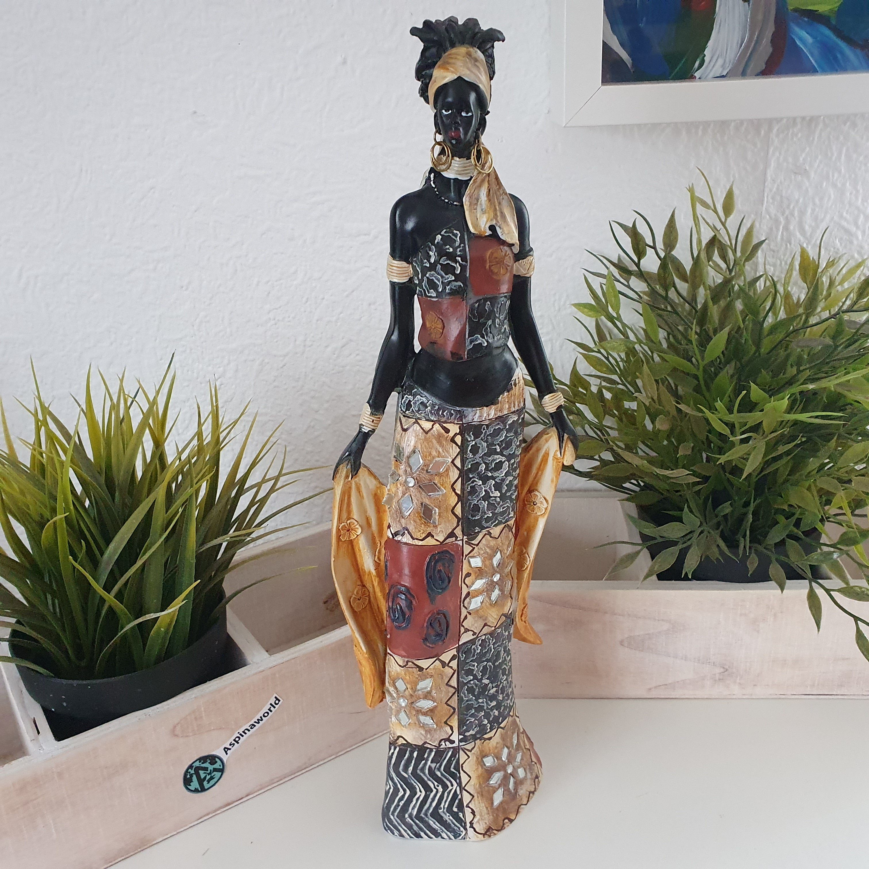 Aspinaworld Afrikafigur Afrikanische Dekofigur Frau mit bunten Kleid und Tuch 35 cm