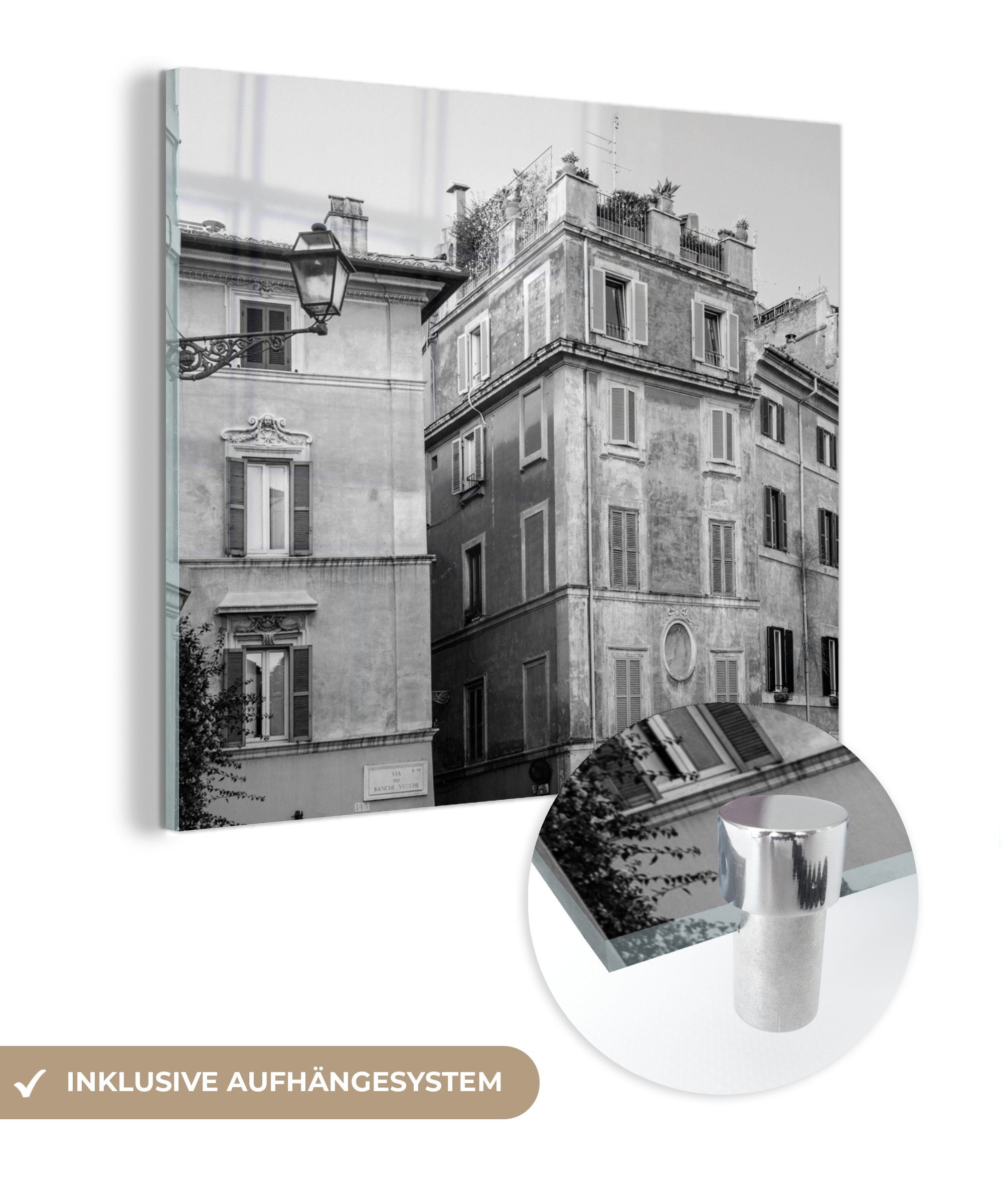 Gebäude Antike in Wanddekoration Schwarz Weiß, Foto Wandbild Glas auf Bilder Glas - und (1 Acrylglasbild MuchoWow auf Rom St), Glasbilder in - -