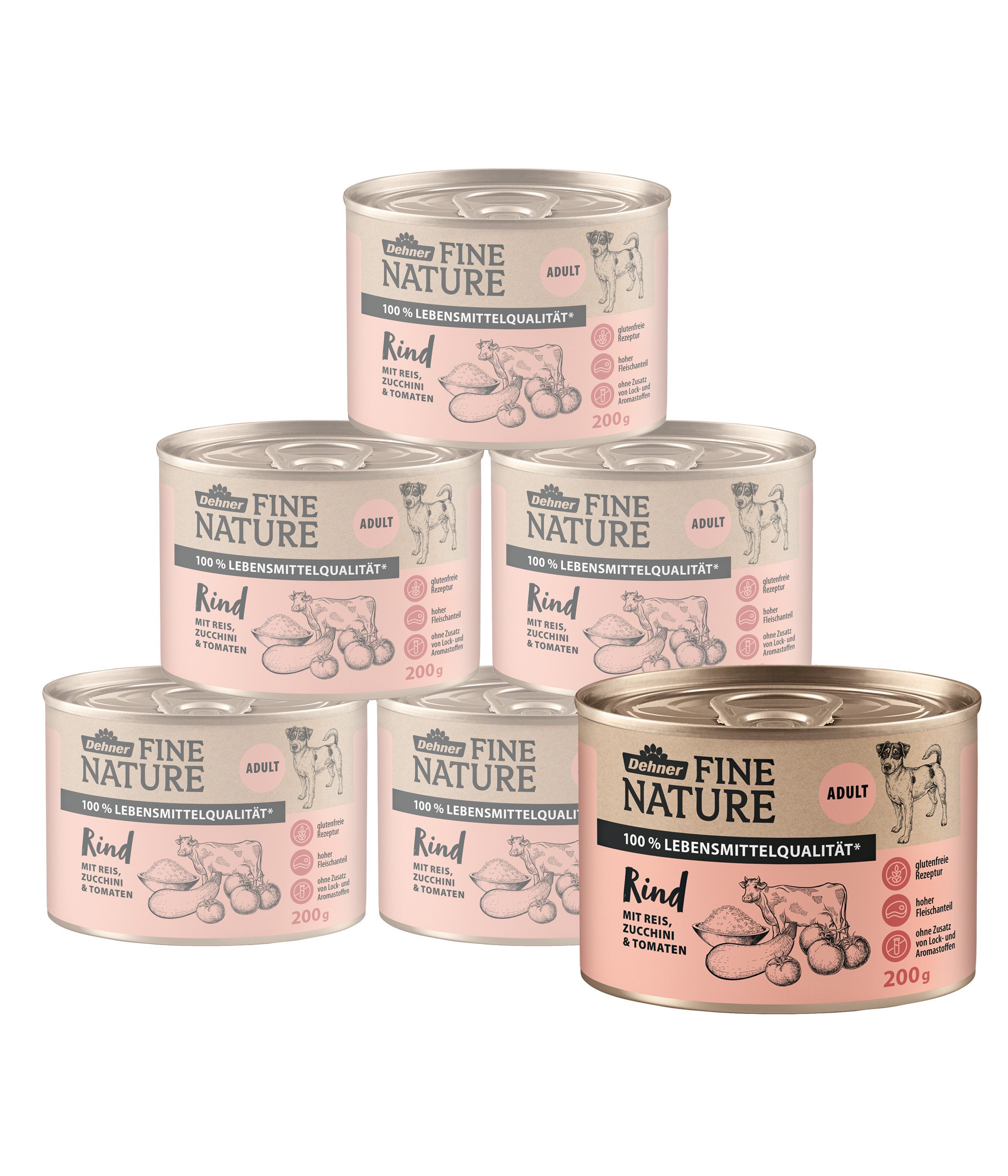 Dehner Fine Nature Adult Rind / Reis / Zucchini, 6 x 200 / 400 / 800 g Dose Rind, Nassfutter für: Hunde, Nassfutter für ausgewachsene Hunde