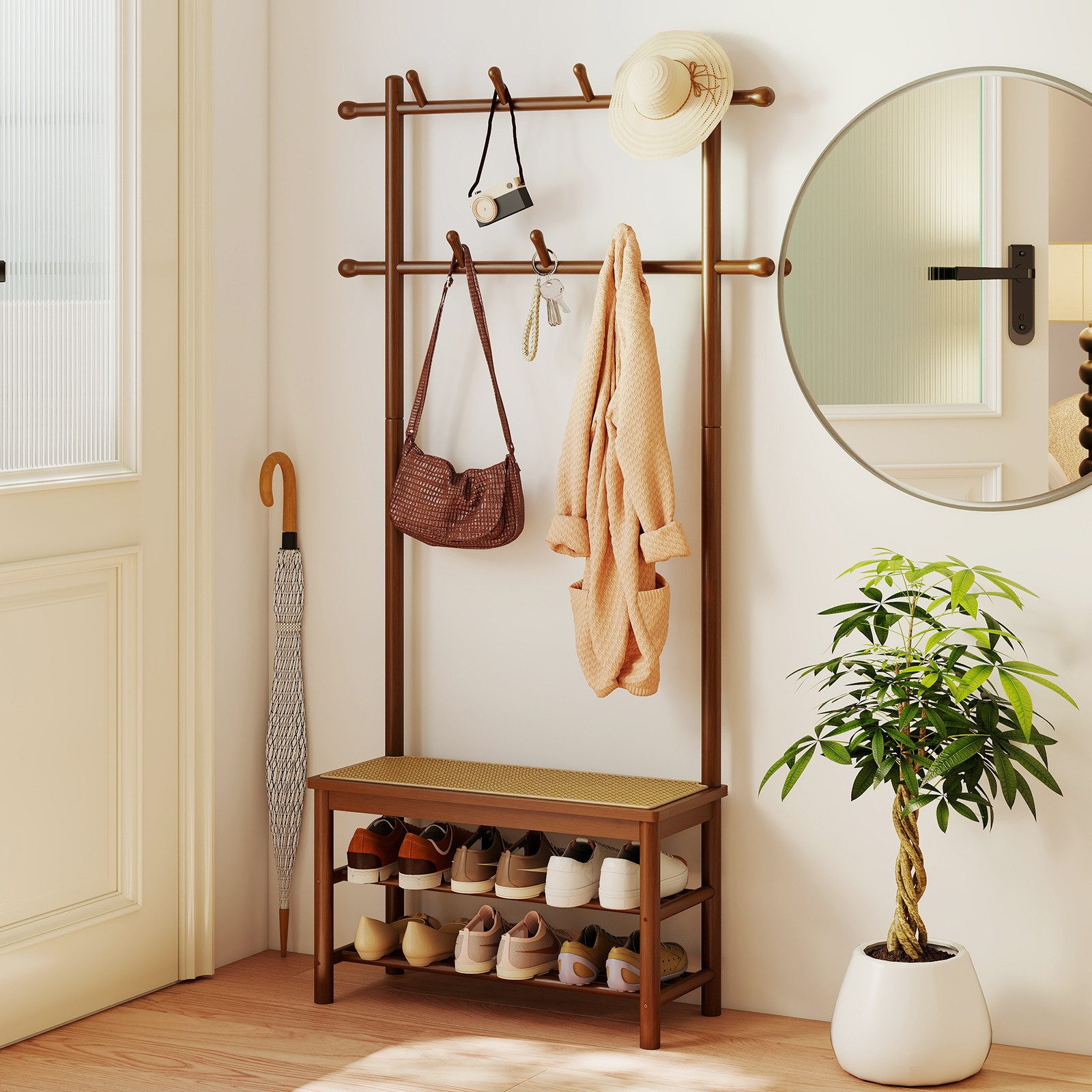 COSTWAY Kleiderständer, 3-in-1, mit Schuhbank, 2 Aufhängestangen & 13 Haken