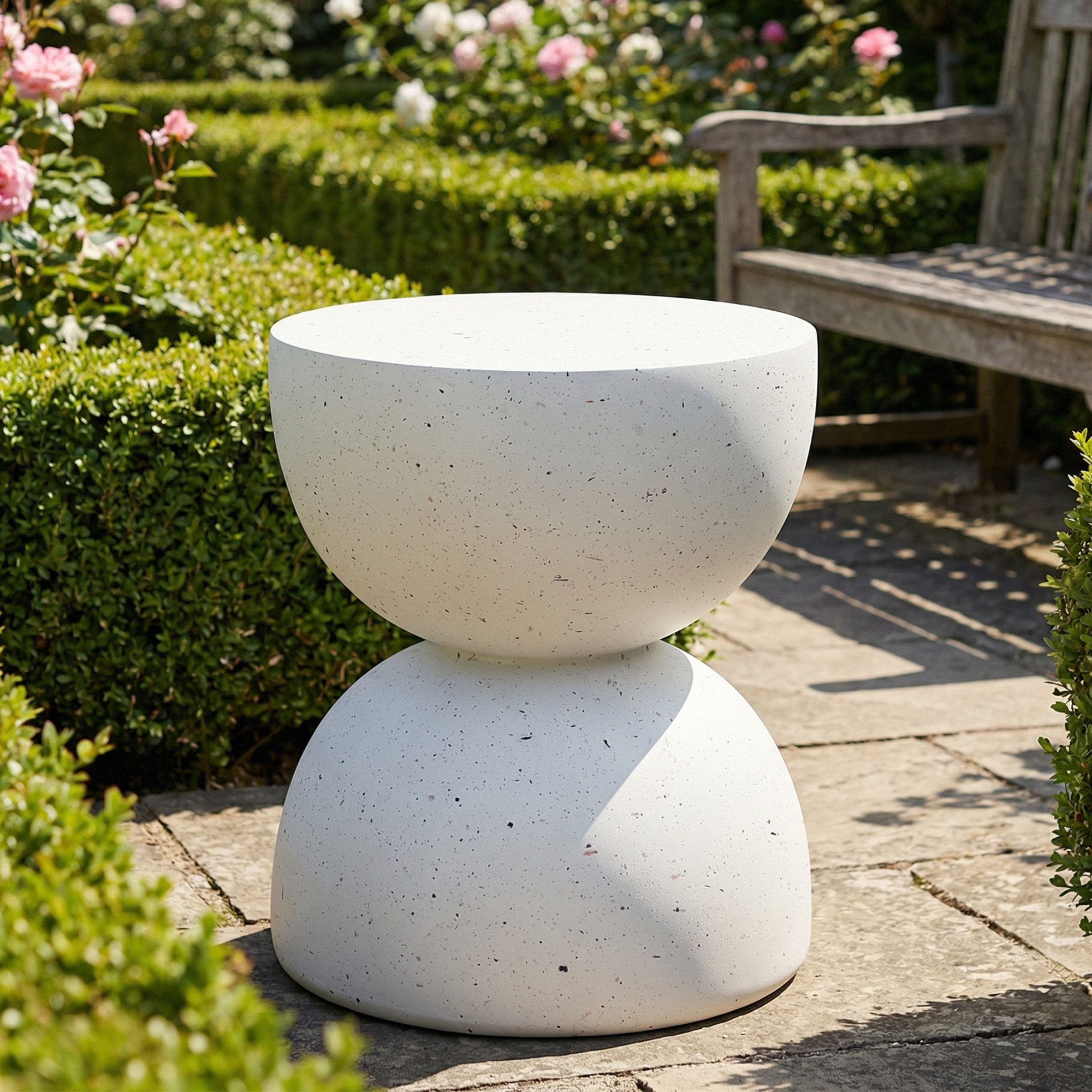 MODFU Beistelltisch Bistrotisch Ø 40x50 cm aus MgO, wetterfest, UV-beständig (Packung, 1-St., Ideal für Garten, Balkon & Poolbereich), Leicht & praktisch, moderner Stil, Terrazzo Weiß, für Außen