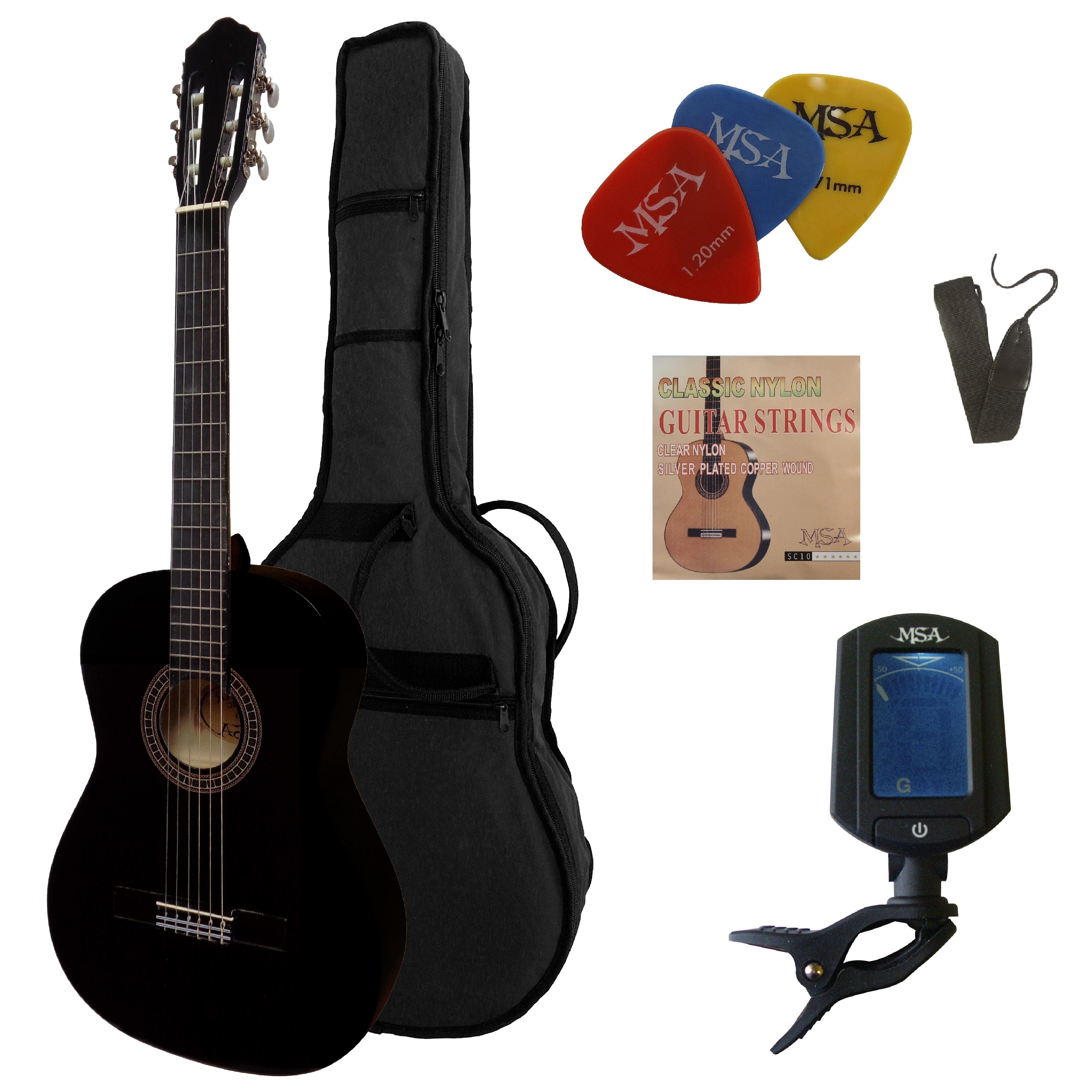 MSA Konzertgitarre 4/4 Gitarre für Linkshänder im Set, Tasche, Band, Saiten, Stimmgerät