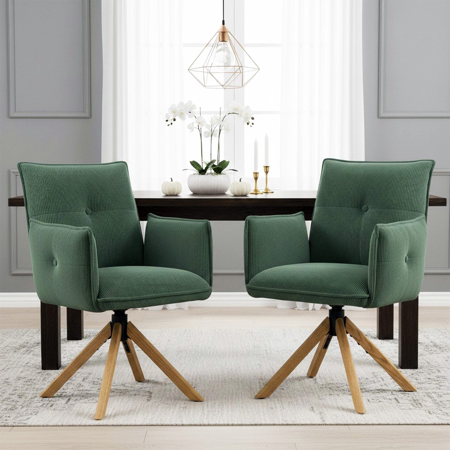 DUBI Möbel Polsterstuhl Mika-Paul, Federkern, Eiche geölt, 360° drehbar mit Rückstellfunktion im 2er-Set