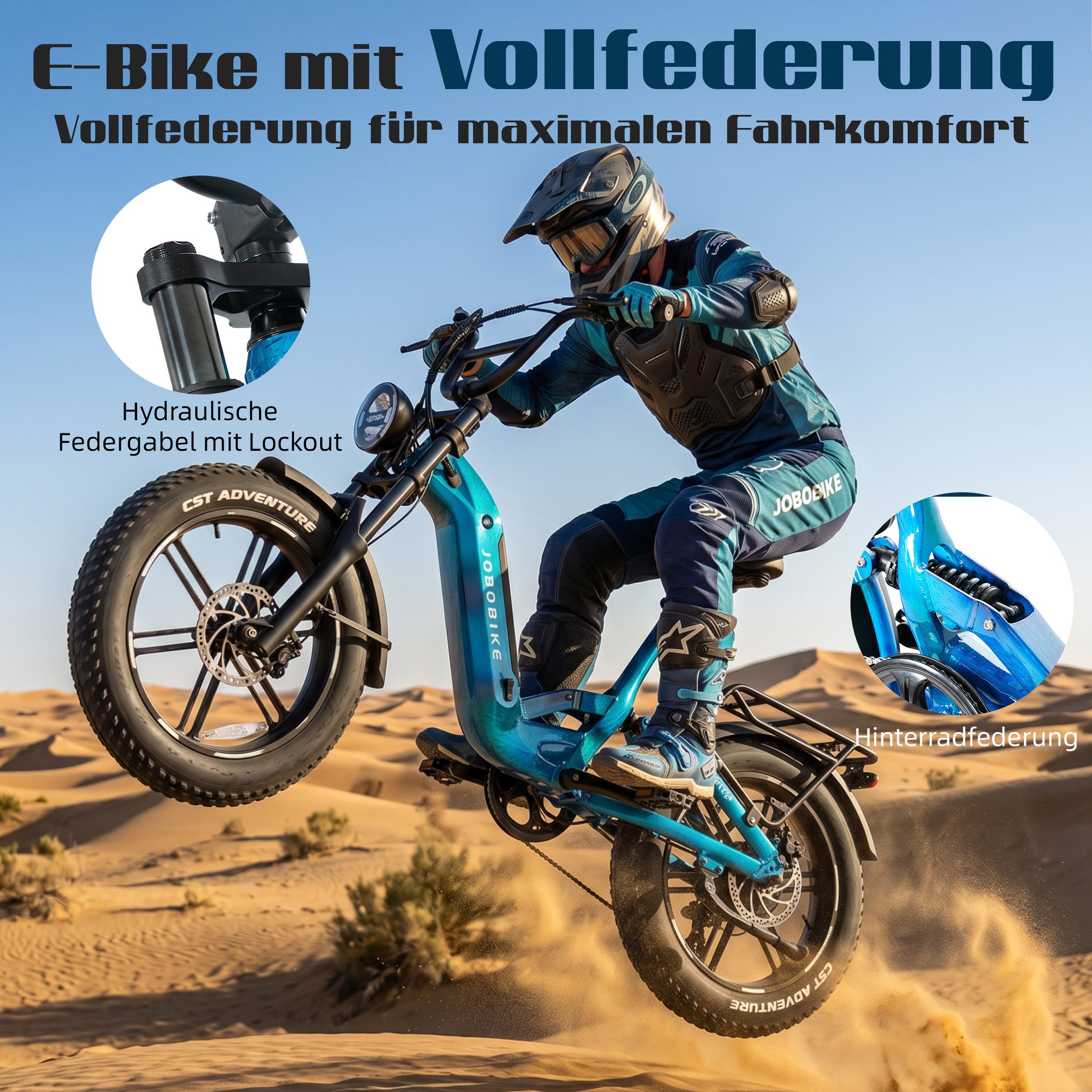 JOBOBIKE E-Bike Mountainbike 20x4,0 Zoll, 150km, Fully, Vollfederung, für Stadt, Berg und Gelände, 7 Gang Shimano, Kettenschaltung, Heckmotor, 720 Wh, (Fatbike, LCD-Farbdisplay, Hinterradfederung, Softtail), Drehmomentsensor, 130-Lux Frontlicht, Bremslicht, Hydr. Bremsen