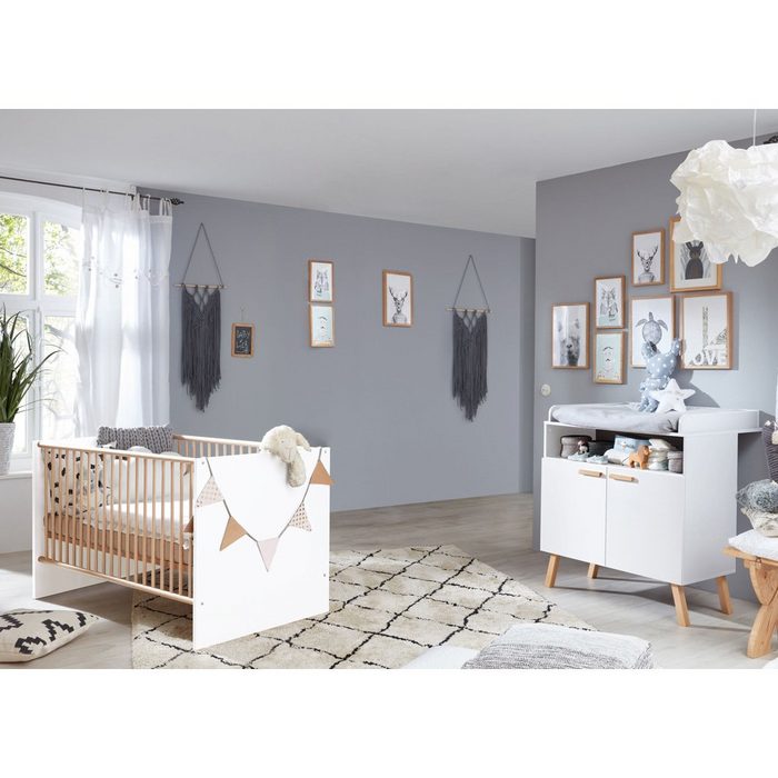 Lomadox Babyzimmer-Komplettset MANISA-19 (2-tlg) Wickeltisch Set mit Babybett in Weiß mit Absetzungen in Buche massiv