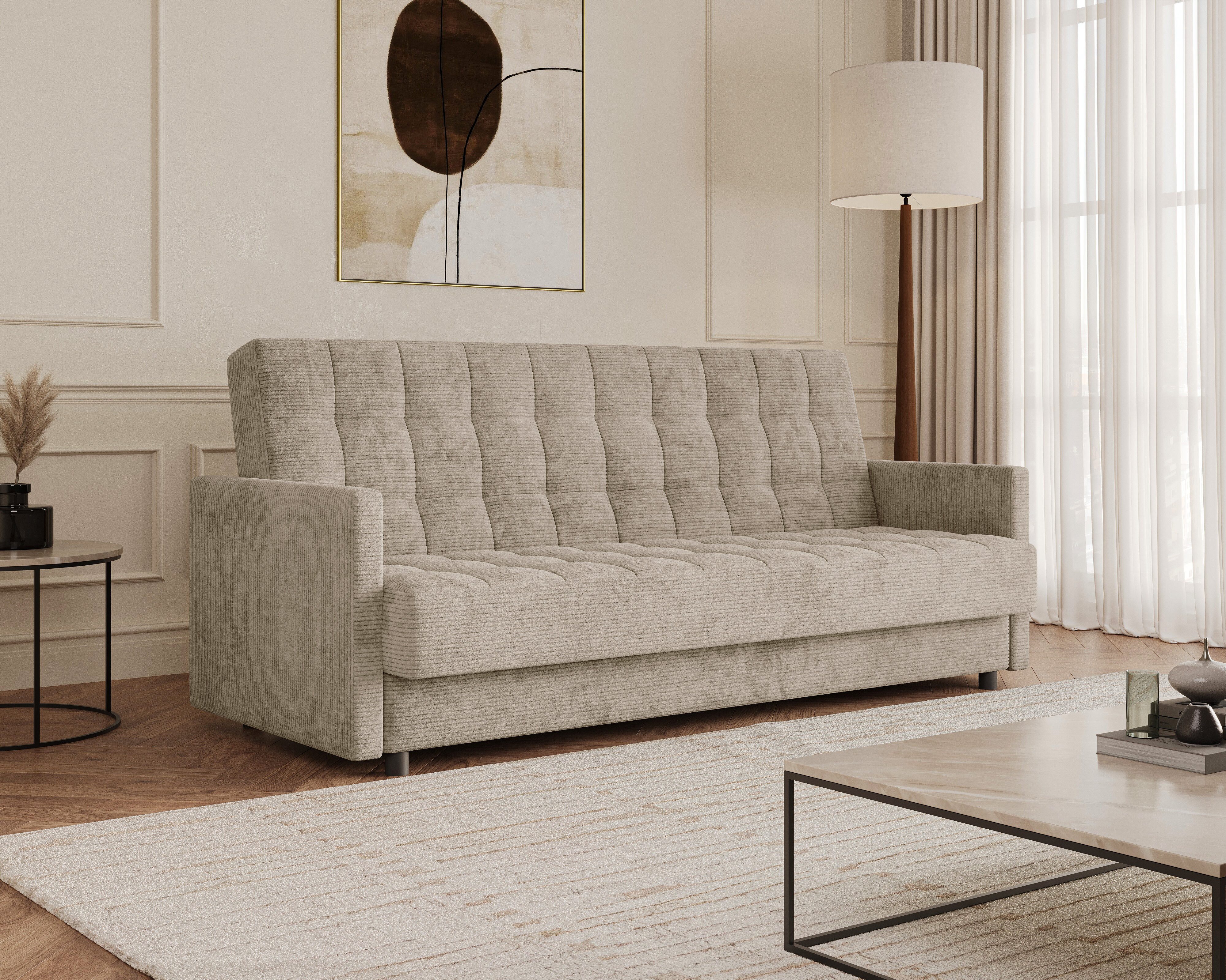 MOEBLO Schlafsofa TINA, 3-Sitzer Schlafsofa mit Bettkasten, Click-Clack-Funktion, Bonellfederung und Lincoln-Cordstoff, Couch Polstermöbel Sitzmöbel Wohnzimmermöbel Kippsofa Beige Taupe, (BxHxT): 211 x 90 x 97 cm