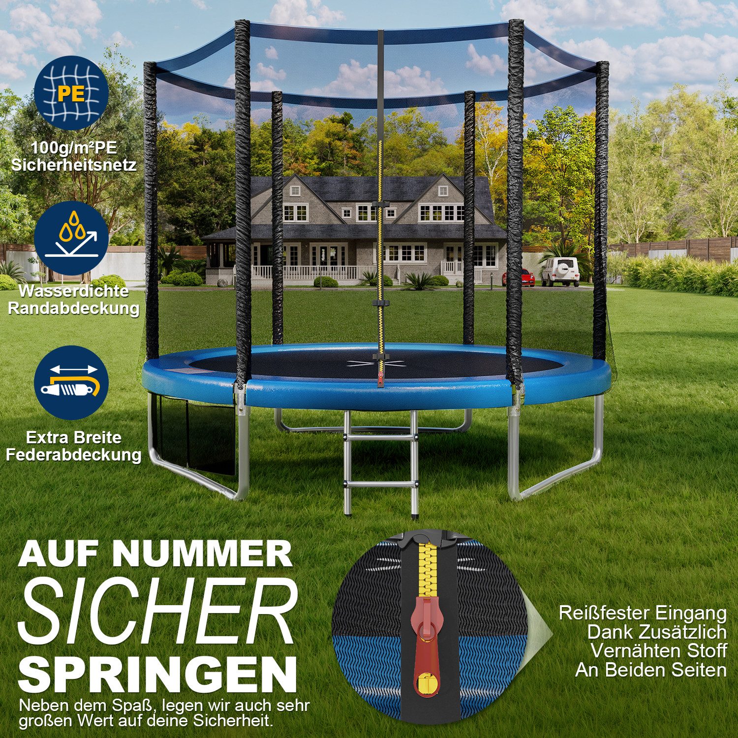 GUNJI Gartentrampolin 183/228/305 cm Garten-Kindertrampolin, max. Belastbarkeit 150KG, Ø 183 cm, (183 cm, (183/ 228/305/366/427 cm, Outdoor-Gartentrampolin mit Sicherheitsnetz, doppelter Schutz mit Schutzmatte)-ostern geschenke)