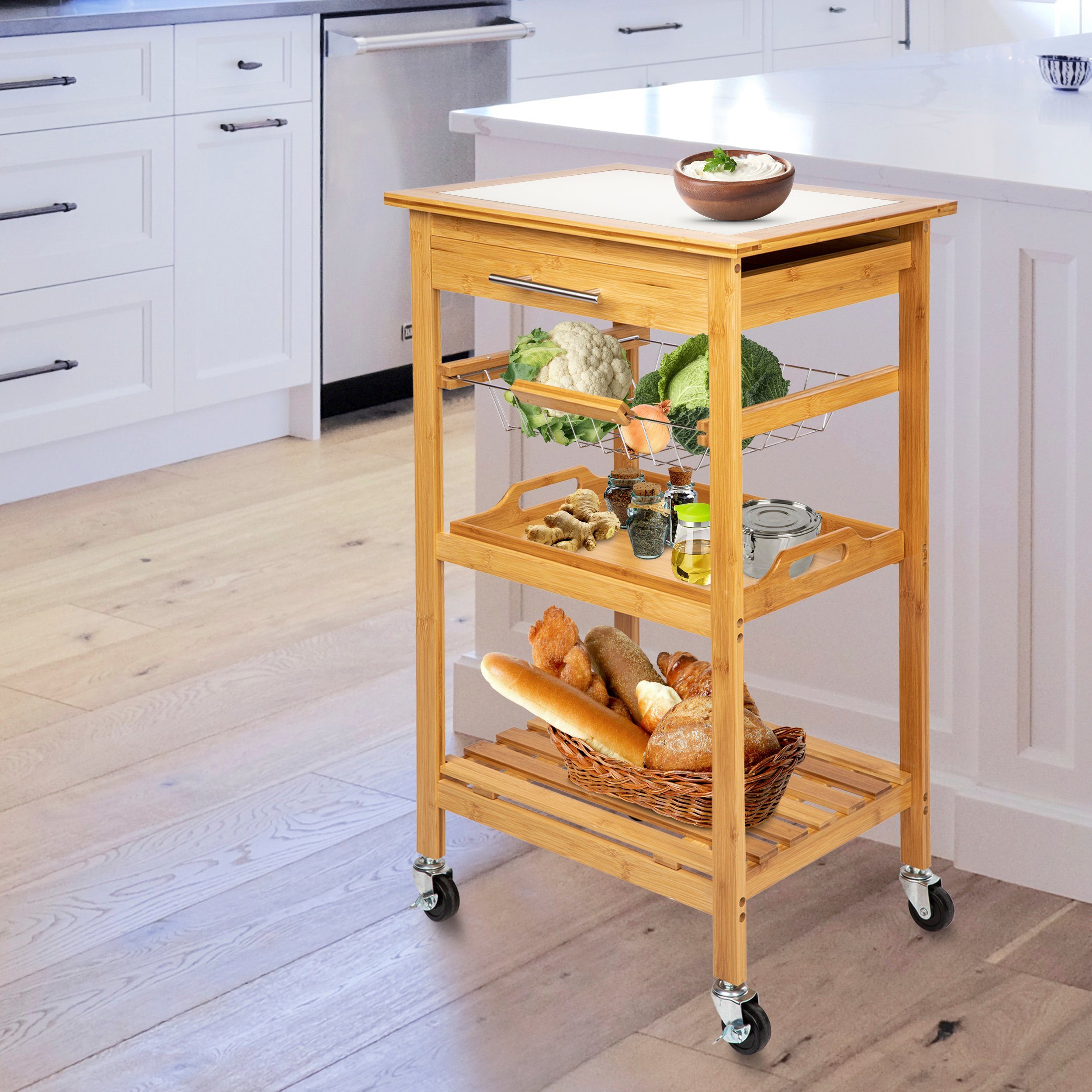 ONVAYA Küchenwagen Servierwagen Kyoto, Küchenrollwagen Bambus mit Arbeitsplatte+Rollen
