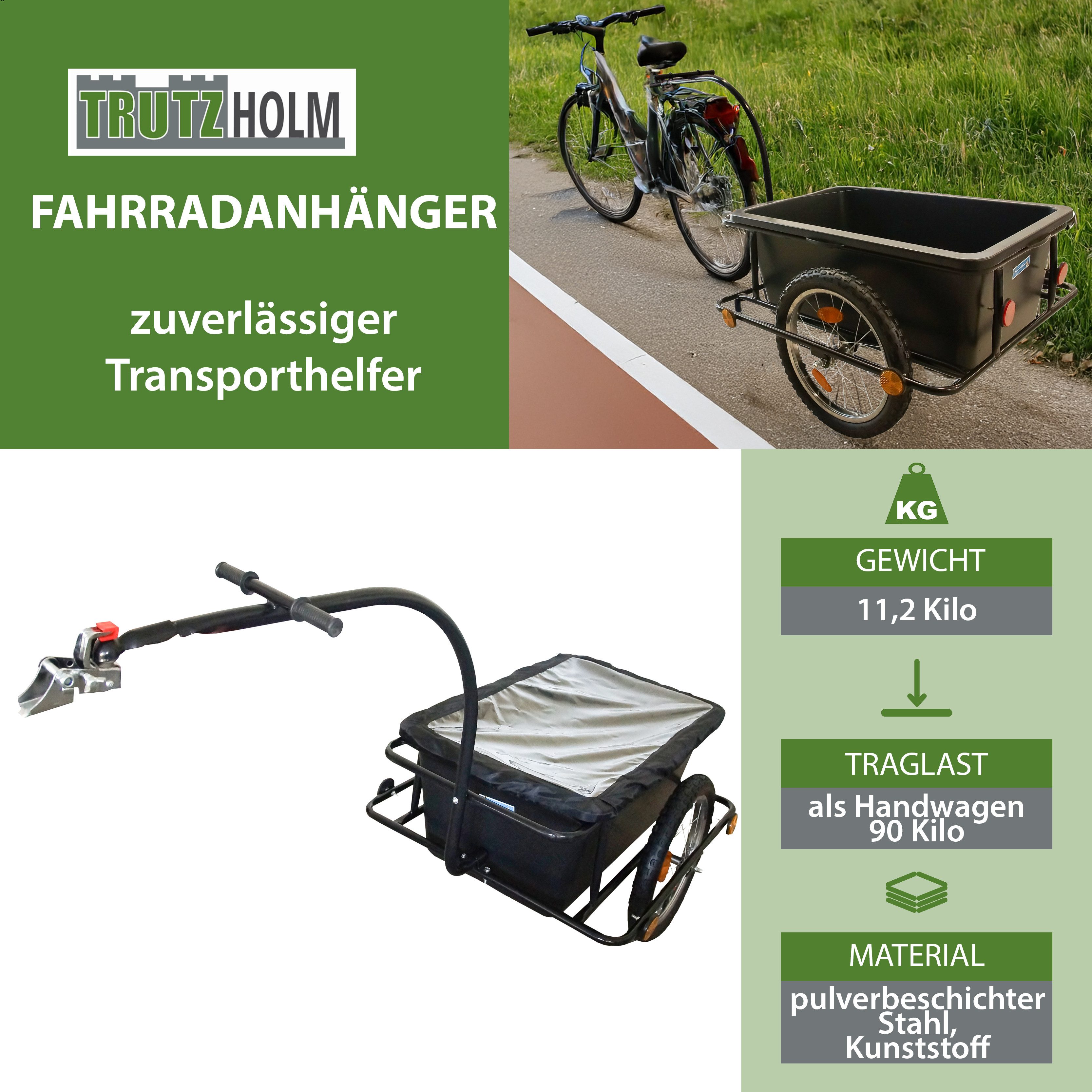 TRUTZHOLM bicycle cargo trailer with coupling, 90L capacity, tarpaulin, handcart, transport trailer, payload as a handcart: approx. 90 kg