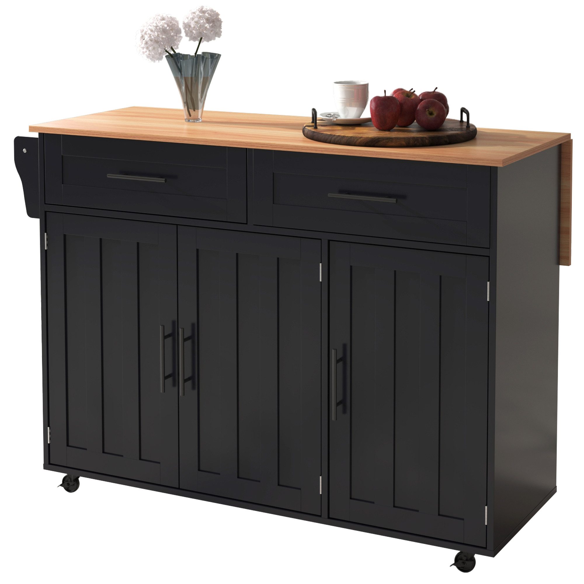 REDOM Sideboard Multifunktionale Kücheninsel (Kücheninsel mit Klapptisch & Stauraum, Schubladen & Rollen, 1 St., 5 Räder, 3 Tür), mit Ausziehbare Arbeitsplatte,Massivholzbeine umschaltbar