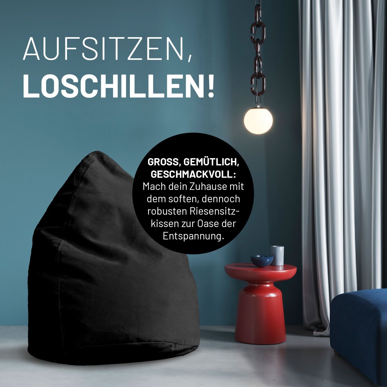 Lumaland Sitzsack Luxury schwarz robust Microvelours Sitzkissen weich Bag, PLUS Bean XL Bodenkissen waschbar 85x65cm 220L