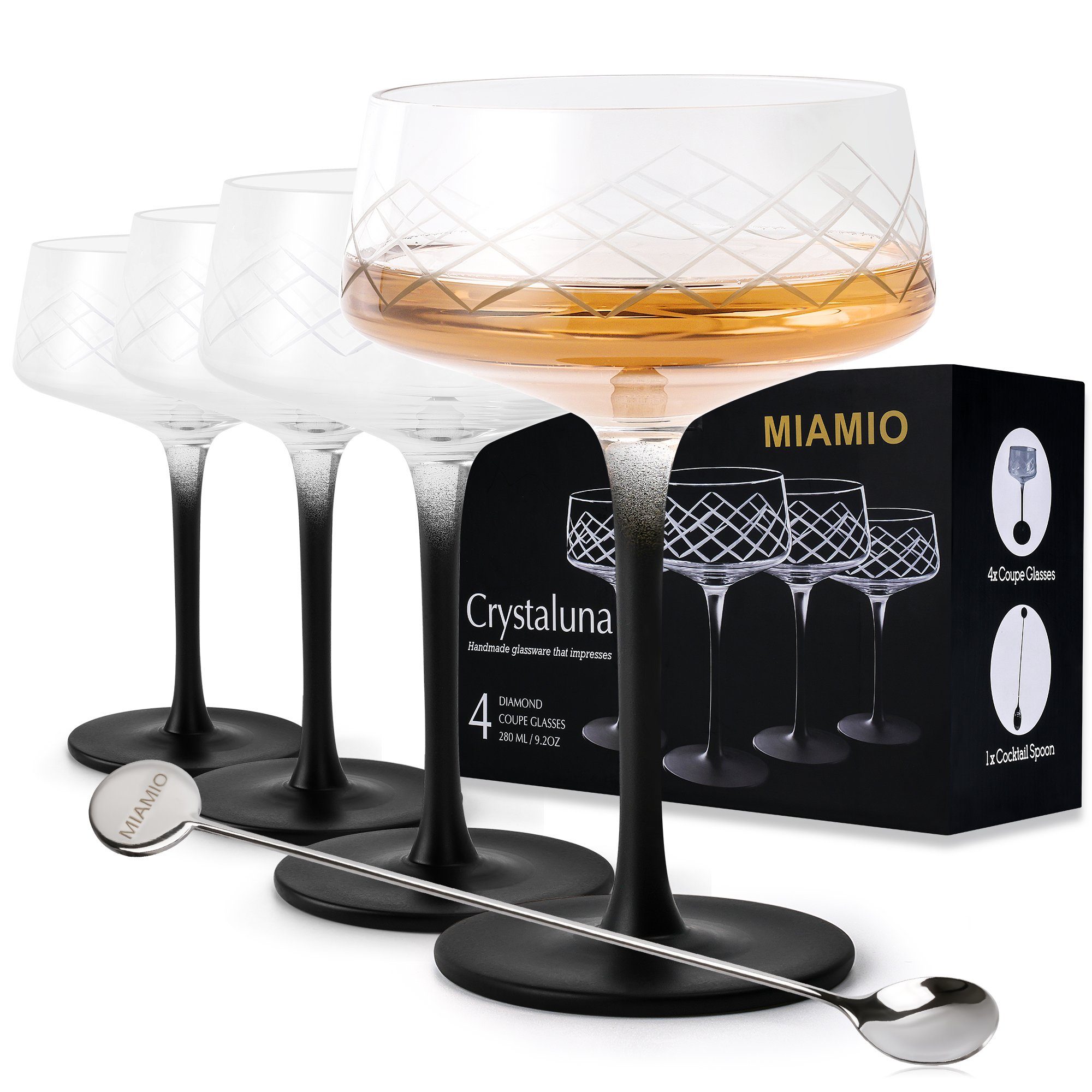 MiaMio Cocktailglas Crystaluna Coupe, 280 ml, schwarzer Stiel, 4-tlg., Glas, mit Barlöffel