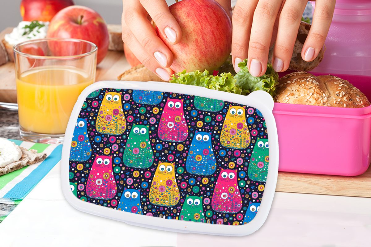 Kinder, Lunchbox - Snackbox, MuchoWow (2-tlg), Brotdose Brotbox Erwachsene, Mädchen, für Blumen, Katze Kunststoff rosa Kunststoff, - Regenbogen