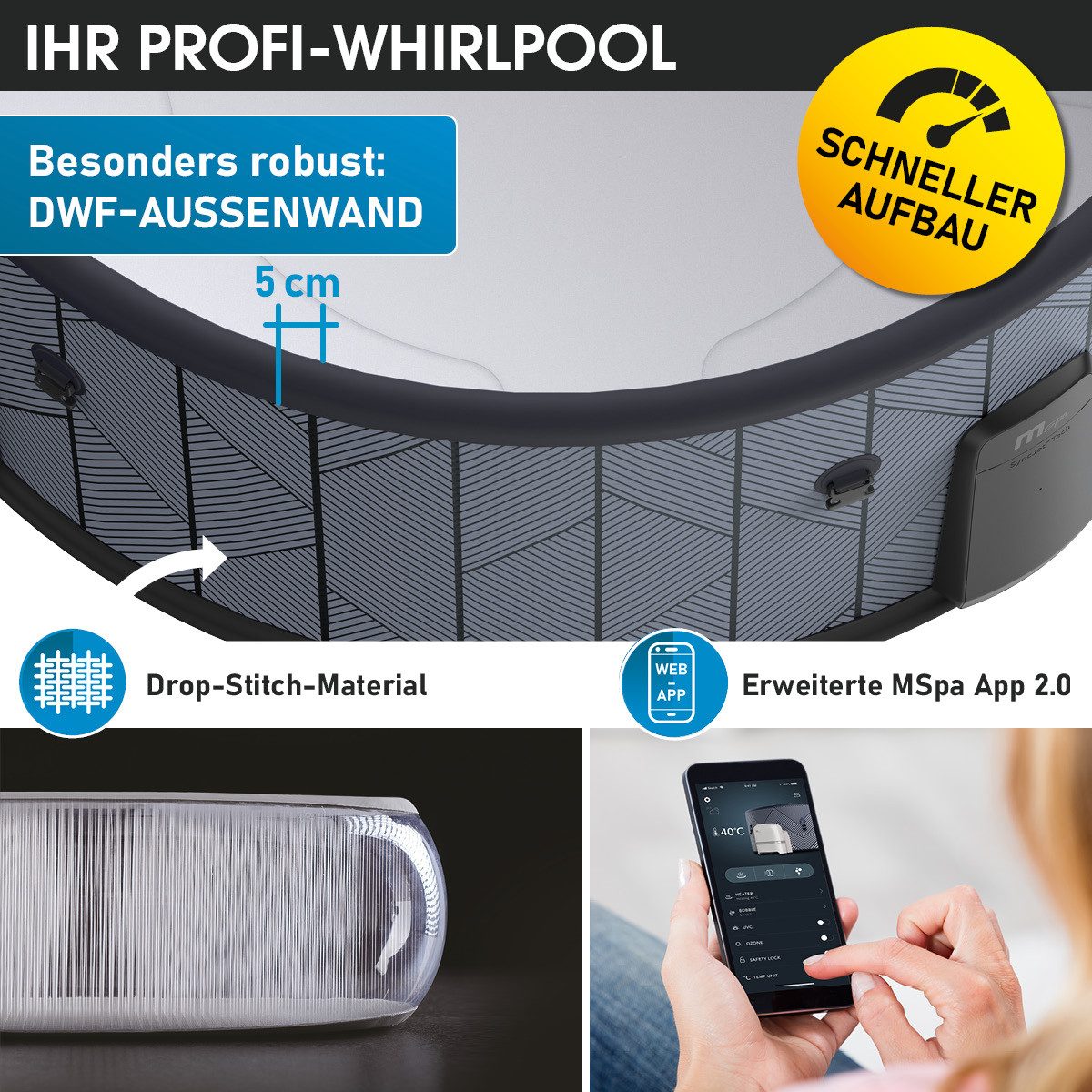 BRAST Whirlpool MSpa Verto-Serie, 5 Modelle, In- Outdoor Pool, Winterfest, (aufblasbar MSpa Tidal für 6 Personen, Ø173x65cm, 138 Massagedüsen in 3 Intensitäten), einfache Steuerung per App