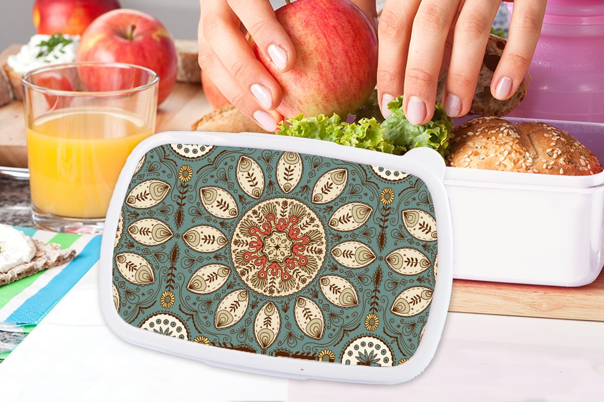 Retro für Bohème weiß Lunchbox Kunststoff, - Mandala Muster, Jungs - Erwachsene, Brotdose, - Kinder Mädchen (2-tlg), und MuchoWow und Brotbox für