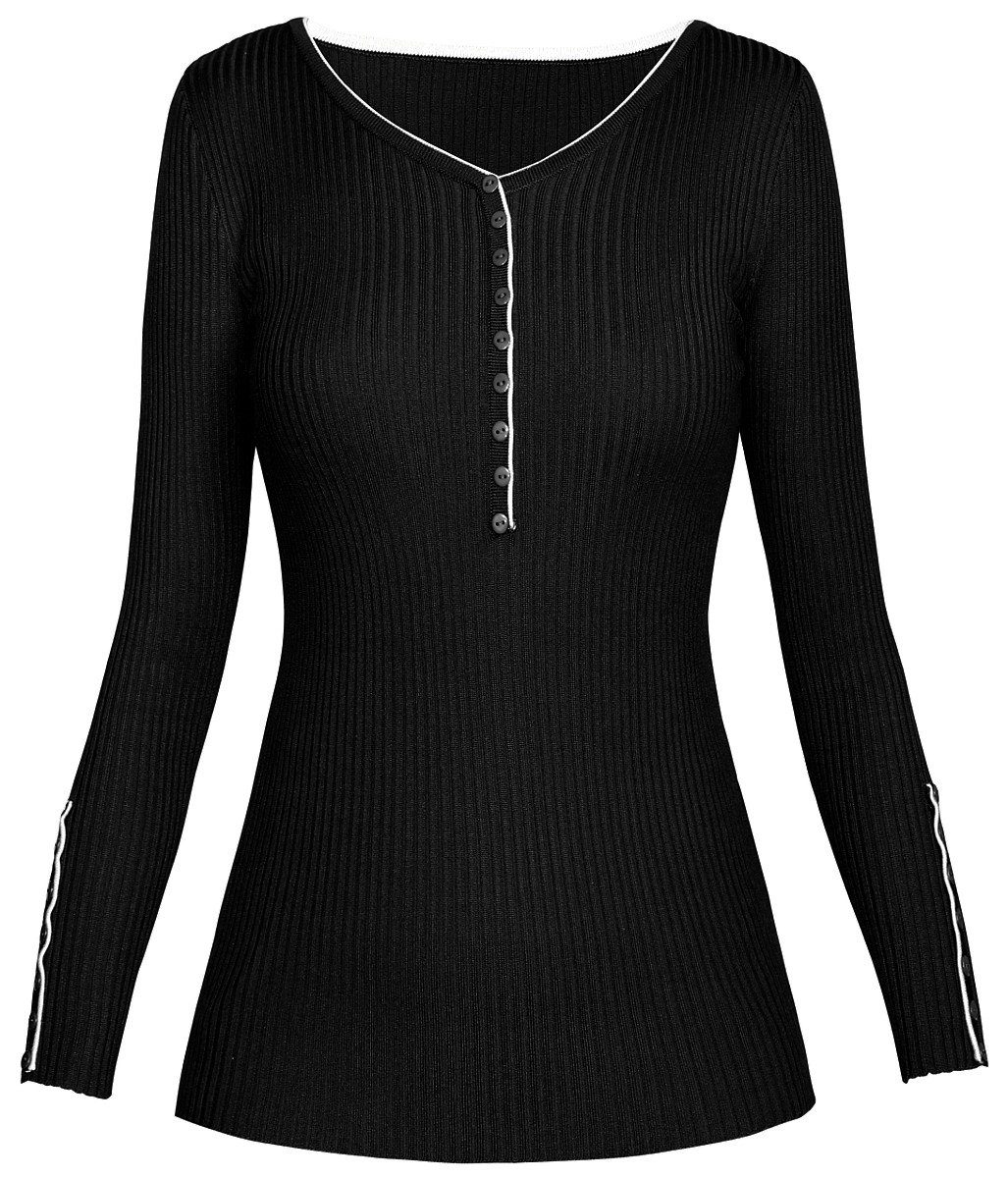 Rippenstrick in Enganliegend V-Ausschnitt-Pullover mit Pulli Unifarbe Damen dy_mode Pullover V-Ausschnitt PUL001-Schwarz