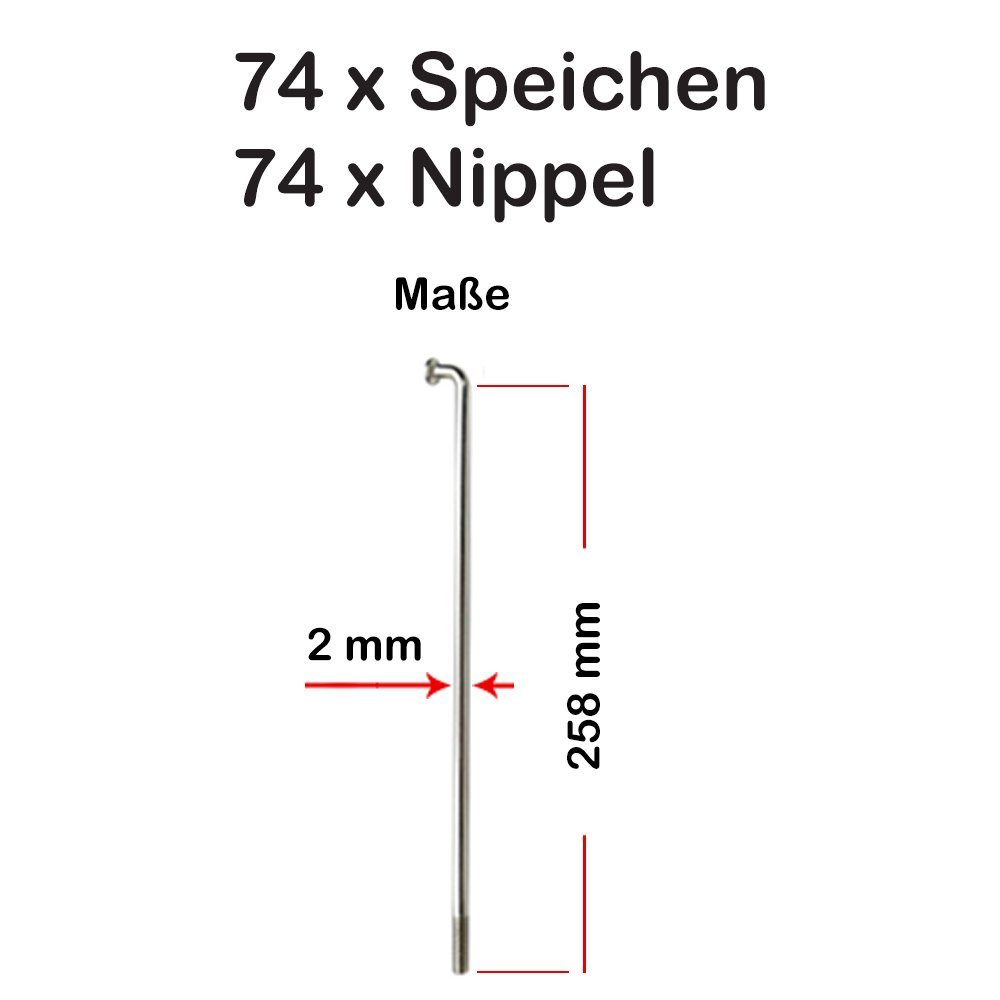 silber 2mm Fahrrad-Laufrad Spokes NIROSTA Speichen Büchel Stück 258mm 74