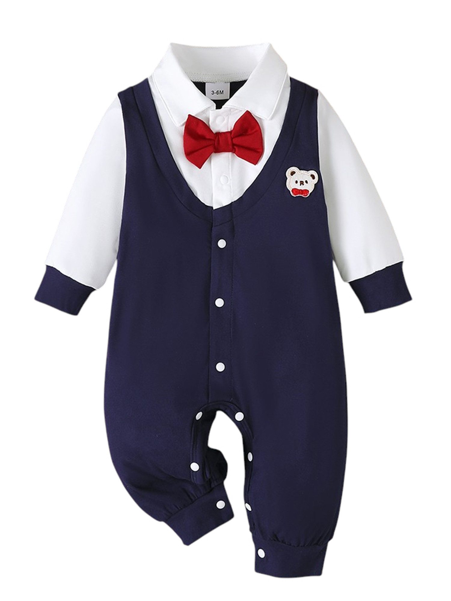 Lapastyle Strampler Herbstlicher Overall mit roter Fliege für Baby Junge in Gentleman stil (1-tlg) Langarm Dunkelblau Patchwork Bodysuit für Party, Hochzeit, Geschenk
