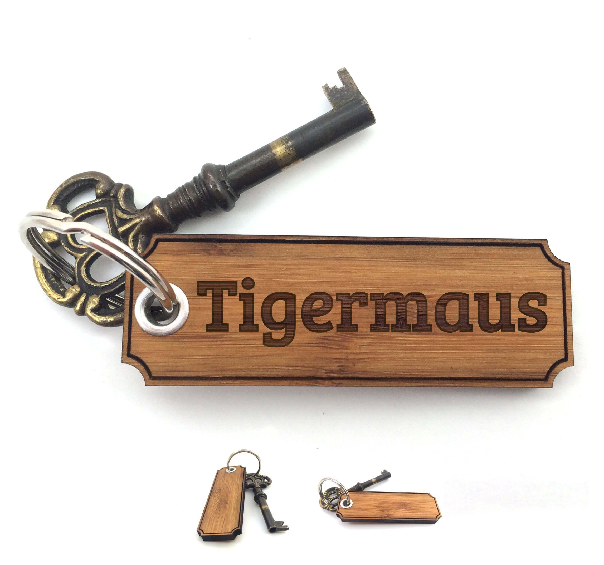 Mr. & Mrs. Panda Schlüsselanhänger Tigermaus - Bambus - Geschenk, Anhänger, Taschenanhänger, Schenken, Geschenke, Schlüsselanhänger, Glücksbringer, Gravur (1-tlg)