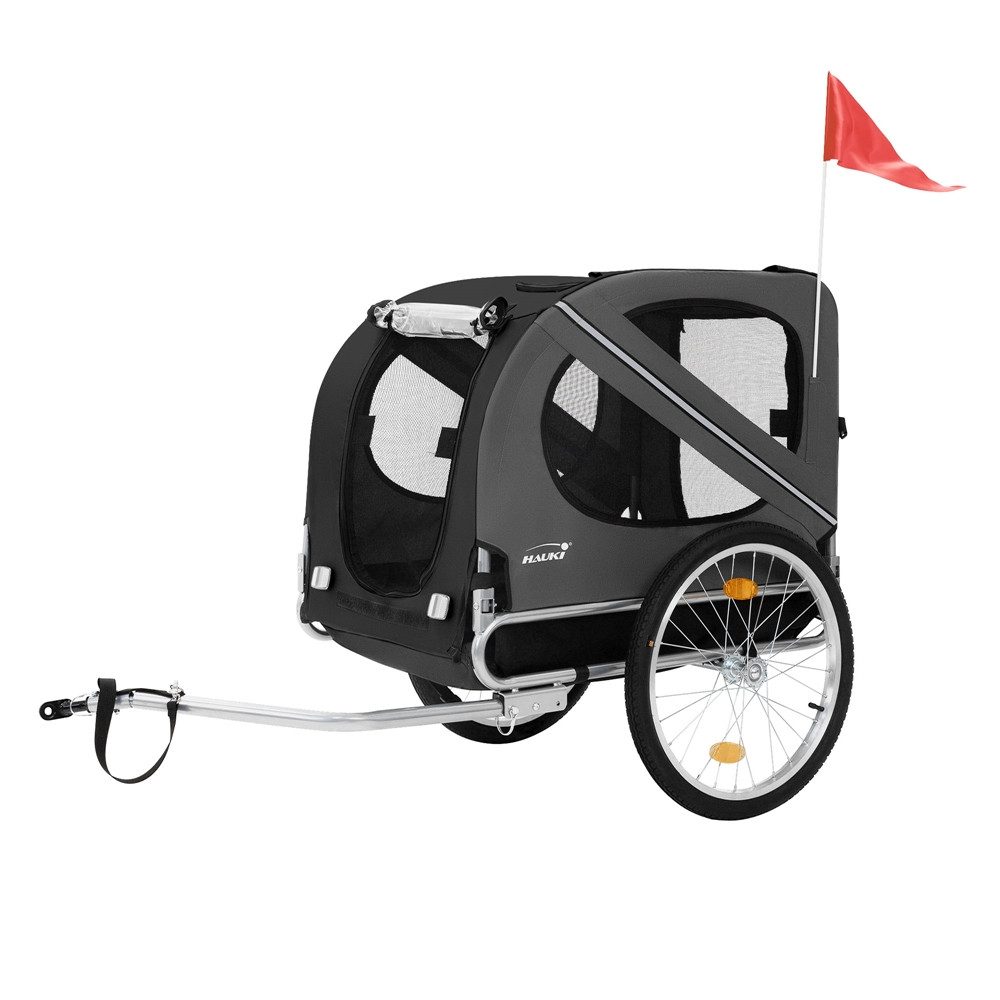 Hauki Fahrradhundeanhänger Fahrradanhänger & Hundebuggy 2in1 klappbar, Hundewagen 130x72x90 cm Schwarz mit Reflektoren Leine und Flagge bis 4