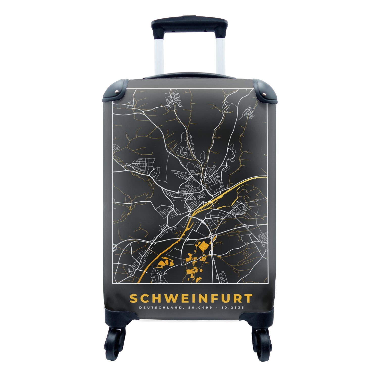 Rollen, Deutschland Schwarz mit für Ferien, rollen, Schweinfurt Stadtplan Handgepäckkoffer 4 - Reisekoffer Handgepäck Reisetasche MuchoWow Karte, und Gold Trolley, - - -