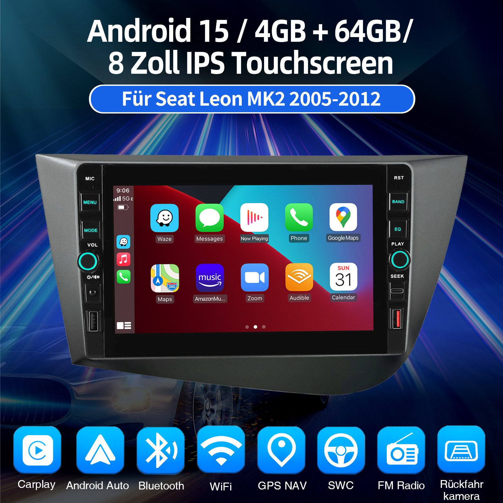ESSGOO Für Seat Leon 1P1 2005-12 Android15 Autoradio Carplay GPS NAVI Mit USB Autoradio (RDS, 4+64GB(optional), Digitalradio (DAB), FM, SWC, Apple Carplay Android Auto GPS Navi WIFI BT EQ mit USB- und Type-C)