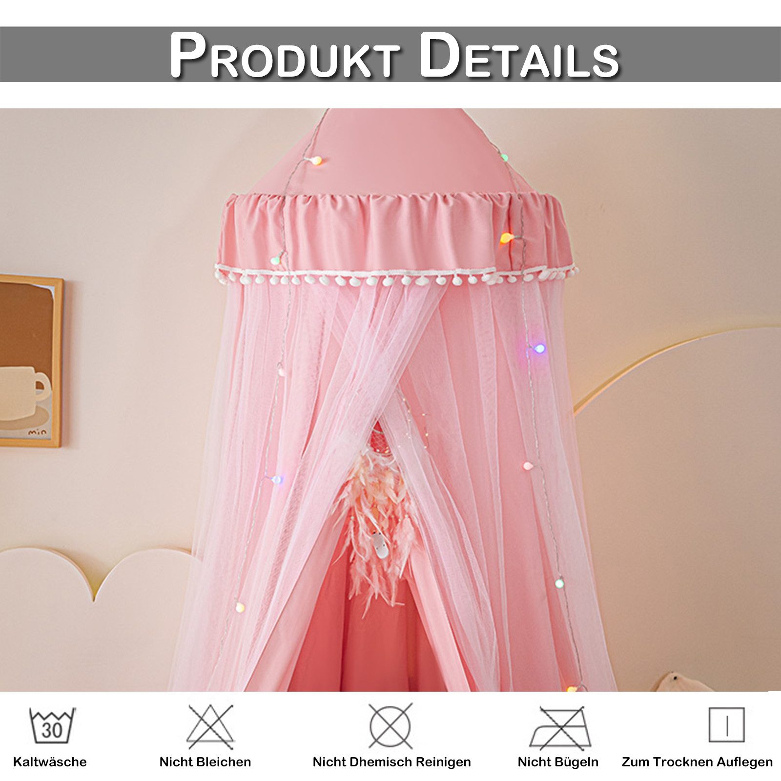 Sunicol Moskitonetz Doppelschicht Moskitonetz, Bett Baldachin, Lichtblockierung Kuppel, Faltbares Pompon Moskitonetz Bett für Kinderzimmer