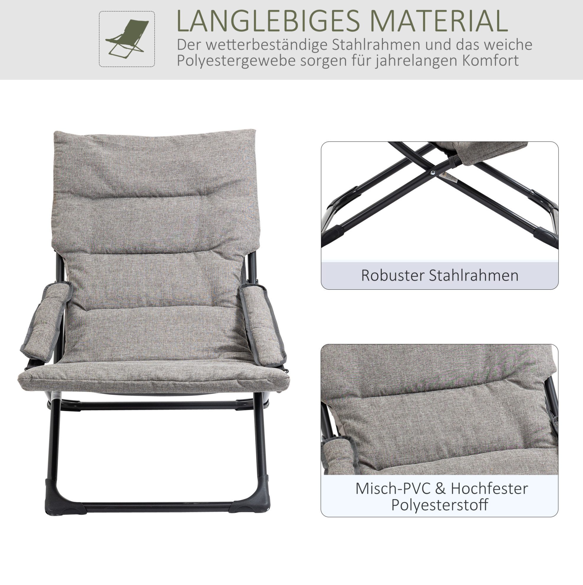 REDOM Klappstuhl Garten Klappstuhl 66x94x79 cm Grau Liegestuhl Stahl Textilene Balkon (Verstellbarer Outdoor Stuhl für Garten, Terrasse und entspannte Momente, 1 St), Campingstuhl mit abnehmbarer Polsterung und flexibler Nutzung