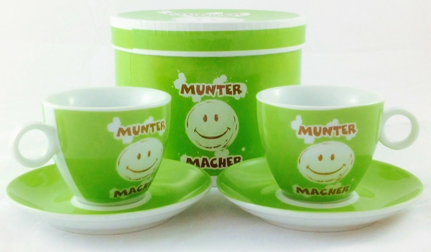 GILDE Dekoobjekt Kaffee-Set 4tlg. "MUNTER MACHER". 2x Kaffeetasse & 2x Untertasse
