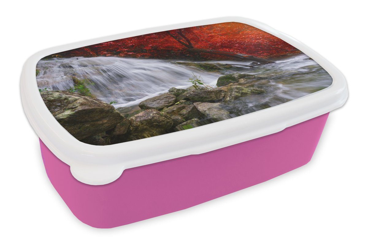 Lunchbox Herbst, Snackbox, Erwachsene, - Mädchen, für Kunststoff - Kunststoff, rosa Kinder, Wasser - Felsen (2-tlg), Wasserfall Brotdose MuchoWow Brotbox