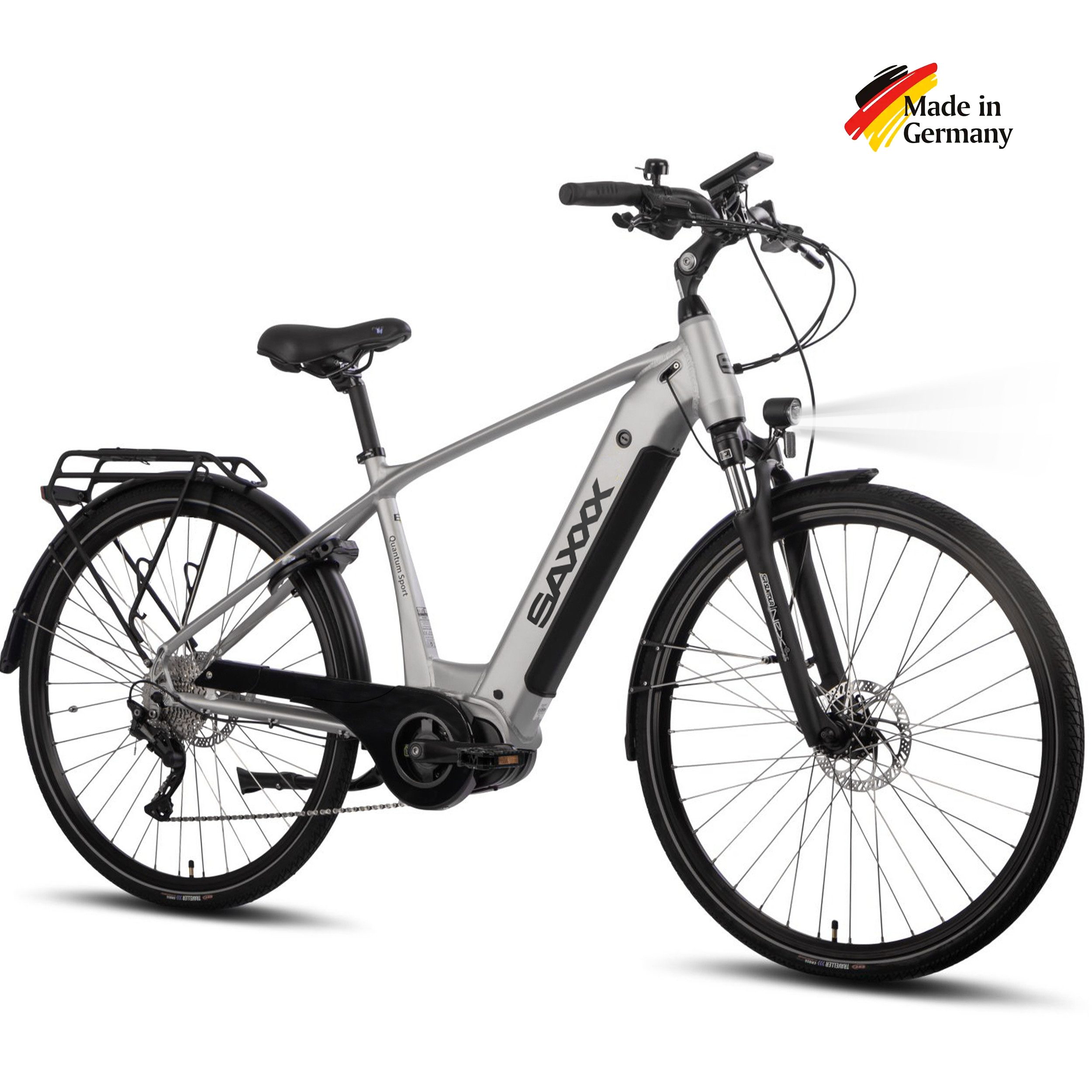 SAXXX E-Bike Trekkingrad 28 Zoll für Damen u. Herren, SAXXX QSD, 540Wh, max. 110km, 130kg, 10 Gang SHIMANO Deore Schaltwerk, Kettenschaltung, Mittelmotor, 540 Wh, (mit Akku-Schlüssel, mit entnehmbarem Akku, mit Gepäckträger), StVZO Pedelec, hydr. Scheiben