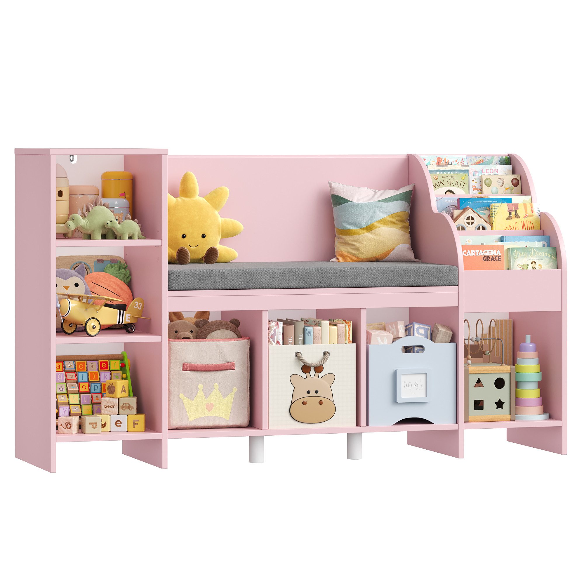 HOMECHO Spielzeugtruhe, Bücherregal Kinder mit Kissen und 7 Ablagefächern Weiß