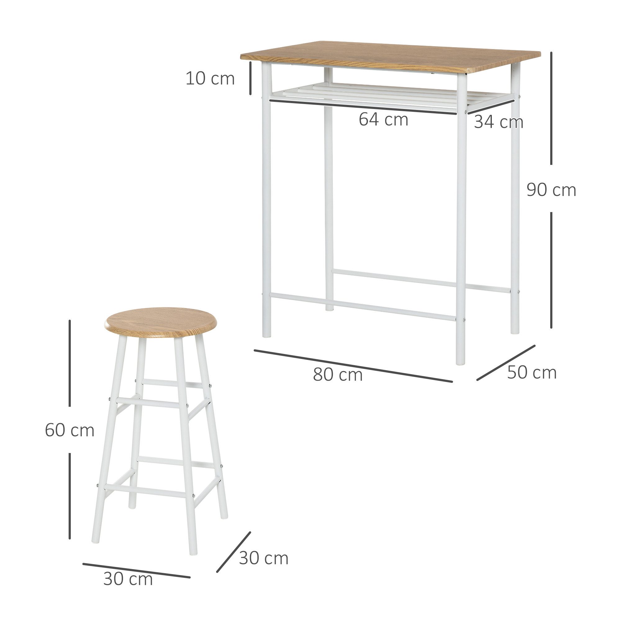 muvano Essgruppe Bartisch Set mit Barhockern, 3-teilig, 80 x 50 x 90 cm