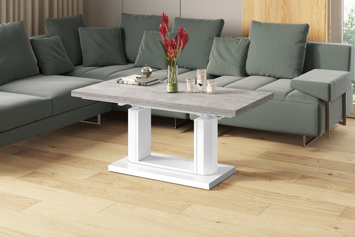 designimpex Couchtisch Design Couchtisch HAC-111 stufenlos höhenverstellbar aufklappbar Tisch Beton / Weiß Hochglanz