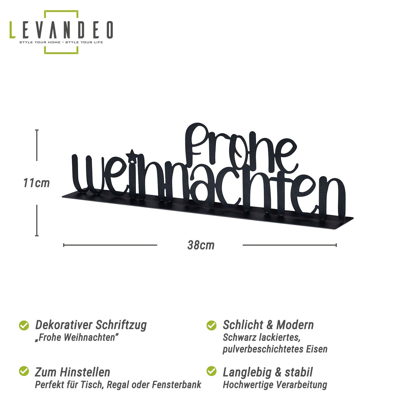 Levandeo® Deko-Schriftzug, Aufsteller Frohe Weihnachten 38cm Metall Schwarz Tischdeko