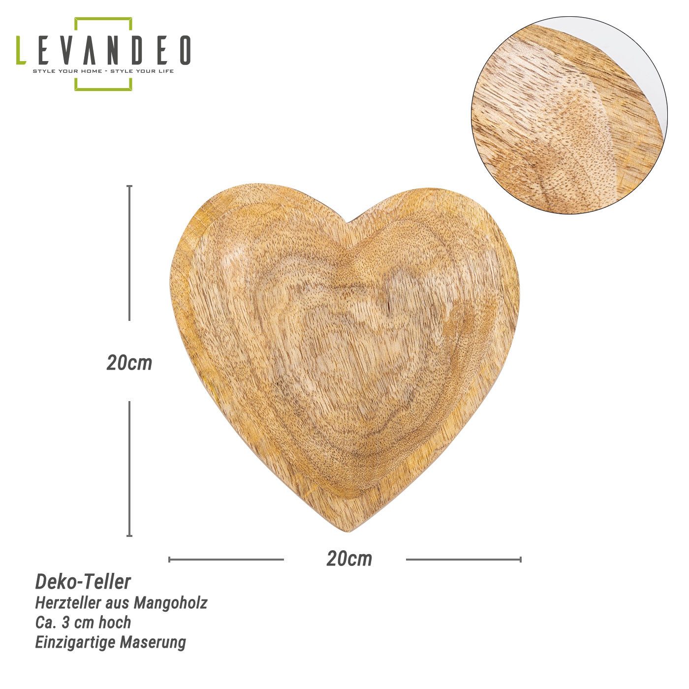 Levandeo® Dekoteller, Holz-Teller Herz 20x20cm Mangoholz günstig online kaufen