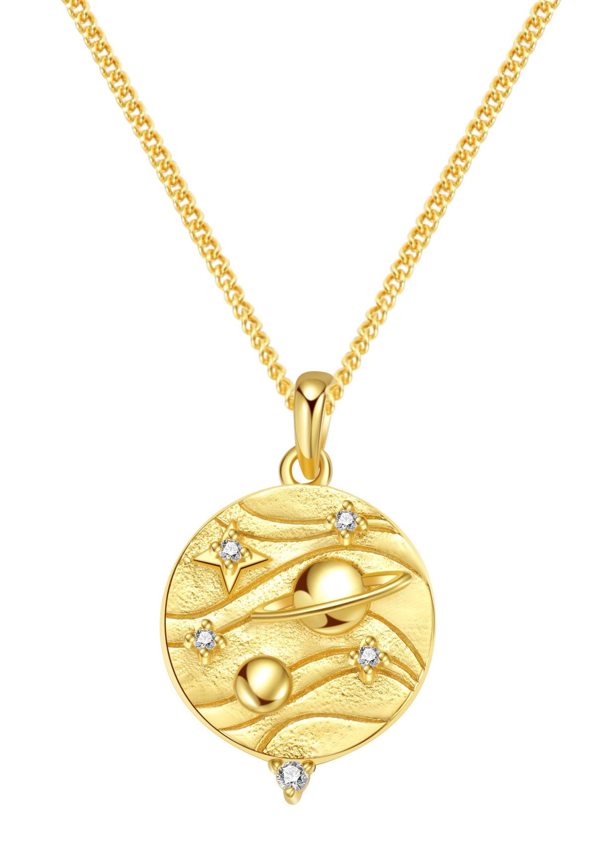 Hey Happiness Kette mit Anhänger mit Gravur Possibility, Damen Statementkette Silber 925 Planet mit Bedeutung, Halskette Anhänger Sterne Zirkonia, 18K vergoldet Glücksbringer