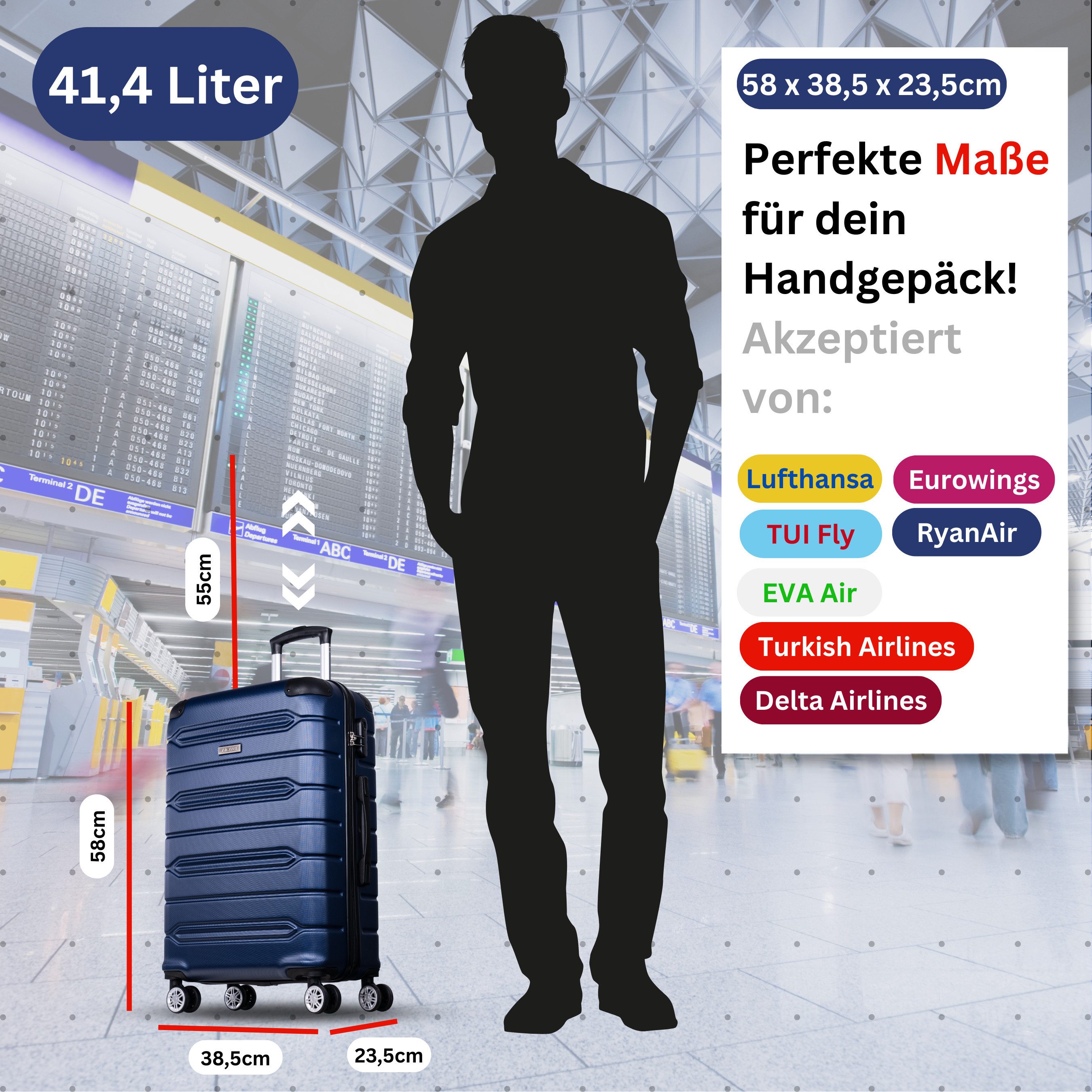 NOWI Hartschalen-Trolley Koffer Hartschalenkoffer mit Zahlenschloss & 8 Rollen Trolley, Zahlenschloss