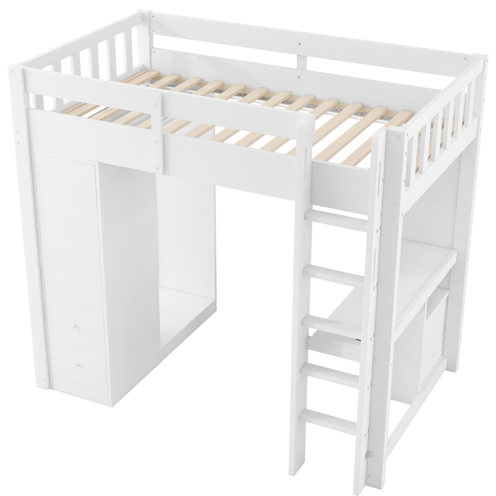 Flieks Loft Bed Children's Bed 90x200cm with Drawers Wardrobe Desk LED & Charging